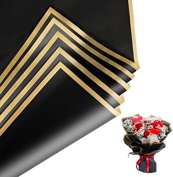 Duyasurs 20 Sheets Floral Wrapping Paper, Waterproof Bouquet Wrapping, 22.8x22.8IN, Florist Supplies Packaging Paper, DIY Gift Box, Wedding & Birthday Gifts, Gold Edge Black