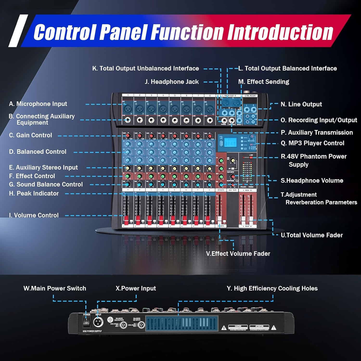 Mezcladora de Audio Profesional 8 Canales con Bluetooth, USB y +48V - Diseño Ultraplano y Portátil para Estudio en Casa, Podcast y Actuaciones,8 Channel