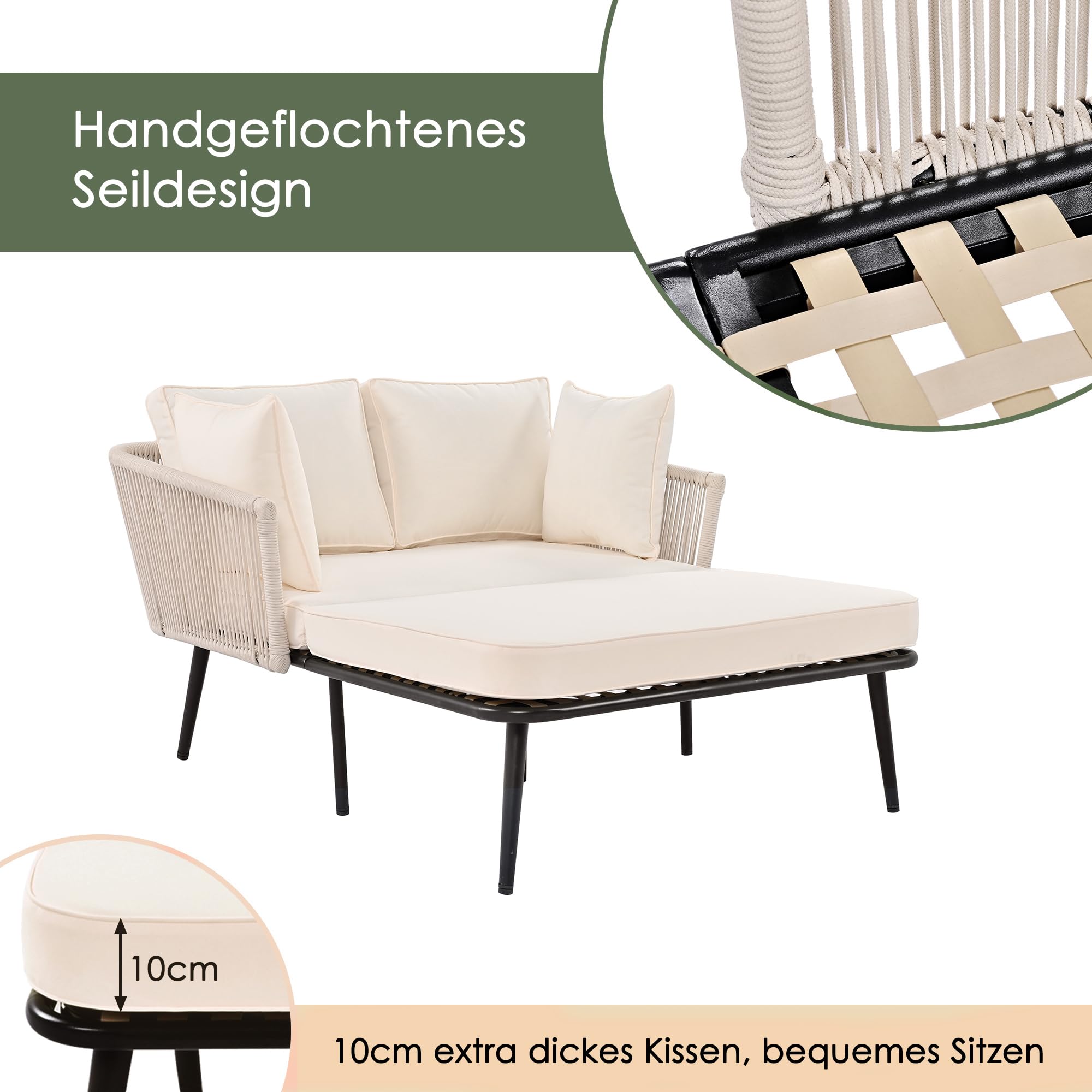 Merax Sonnenliege, Outdoor Gartenliege mit 2 Kissen und 2 Polster, Liegestuhl Garten mit abnehmbar und waschbar Kissen für Balkon Terrasse, Gartenlounge Set, Beige