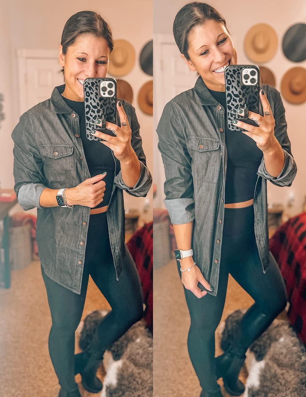 Vetinee Women's Button Down Denim Shirt Collared Casual Long Sleeve Pocket Tops - Image 9