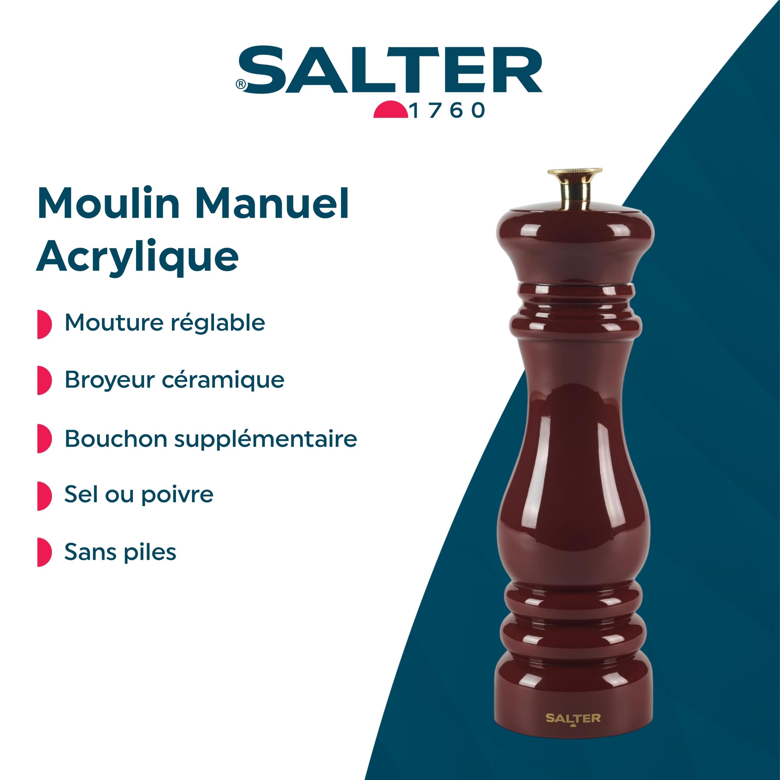 Salter Chester Moulin à Épices Sel & Poivre, Broyeur Céramique Réglable, Acrylique Rouge