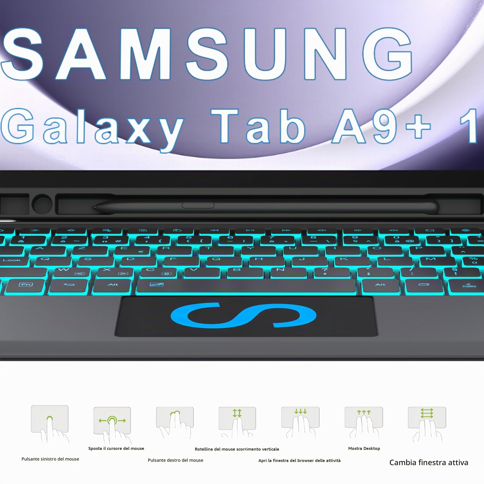 Custodia tastiera AZERTY francese per Samsung Galaxy Tab A9+ Plus 11 pollice 2023 | Retroilluminato 7 Colori Touchpad, Rimovibile, Magnetico, Portapenne Custodia Protettiva TPU Viaggio Studente