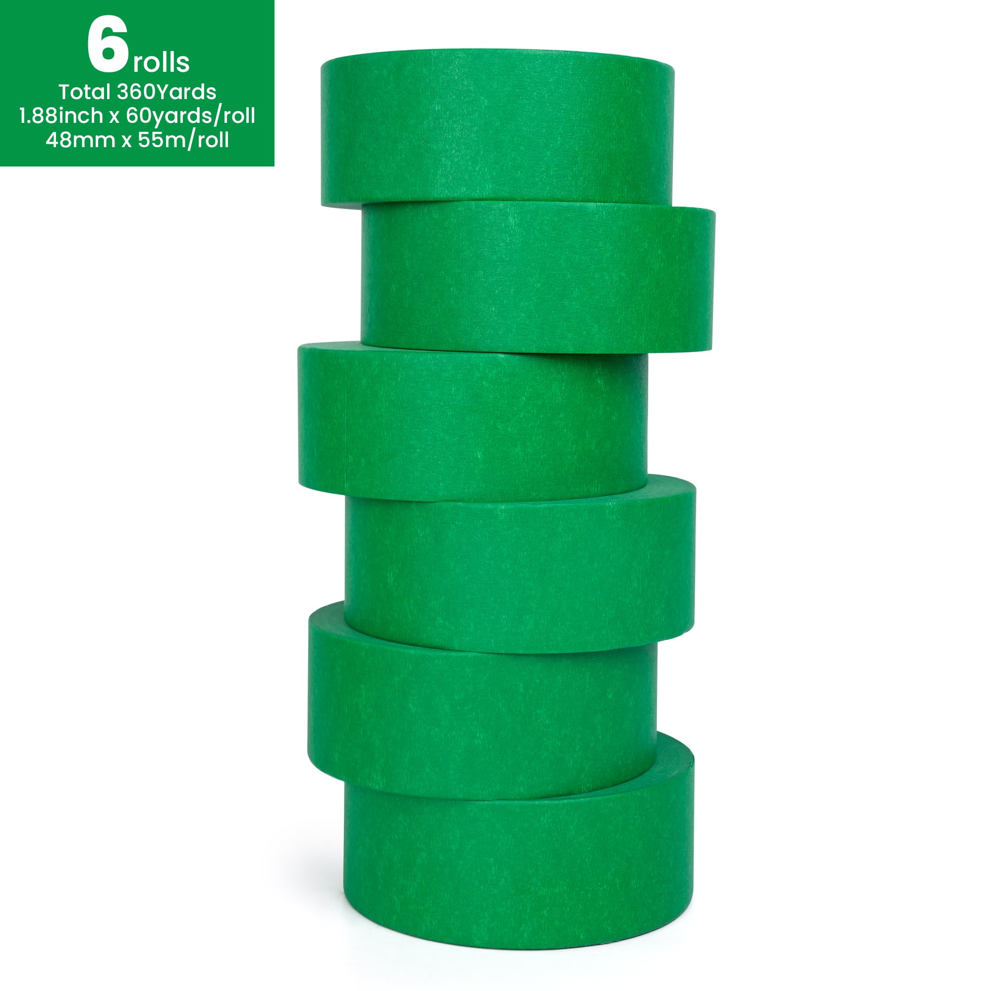 TAPEBEAR Vert Ruban de Masquage 48mm x 55m, 6x Adhésif pour les travaux de peinture et de rénovation, Ruban crêpe pour peindre, vernir, rénover