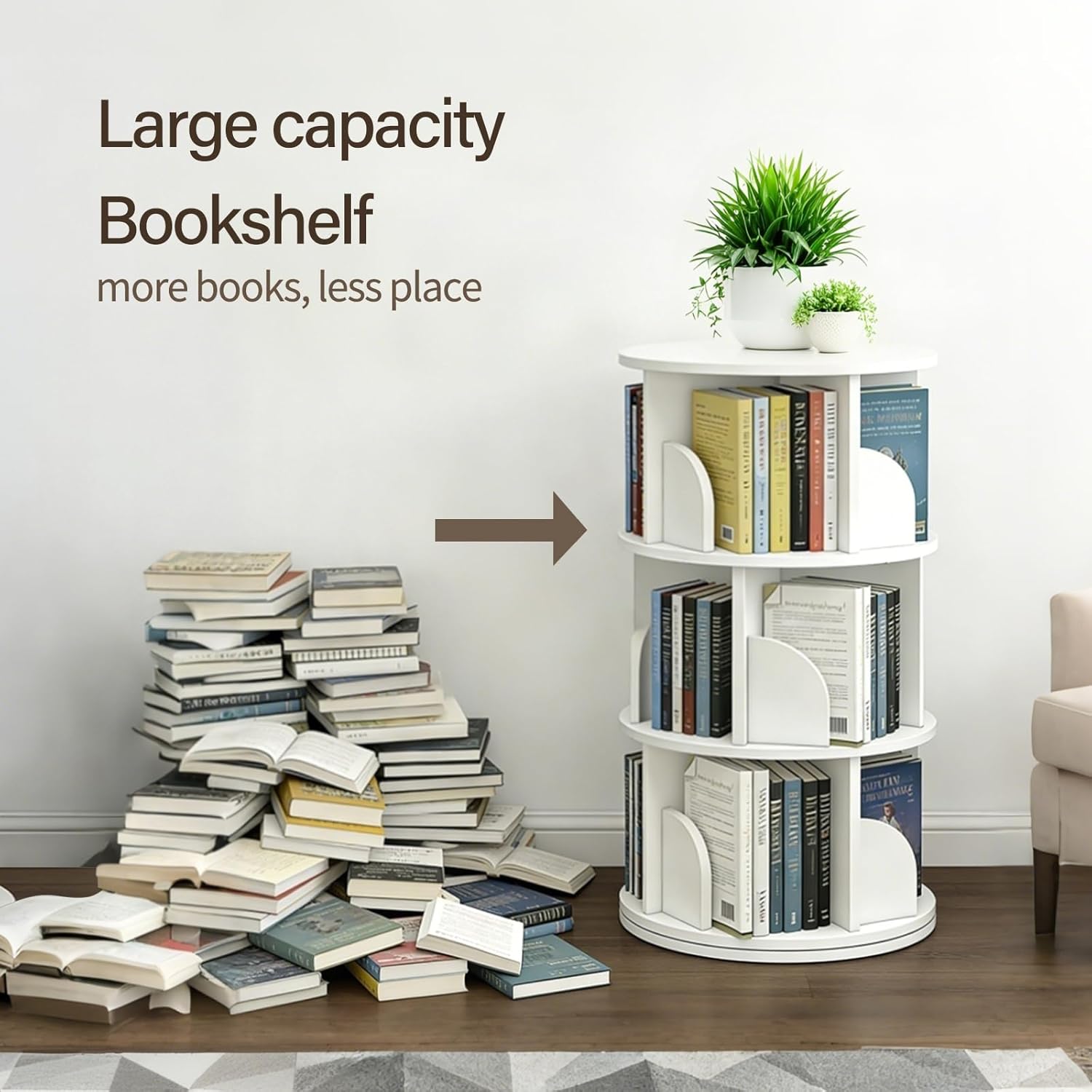 3 Tier Rotating Bookshelf, 360-Degree Swivel Revolving Tower Floor Standing Bookcase with Lazy Susan, Narrow Spinning Organizer for Small Space, Corner Storage, Study Room, Adult & Kids, White