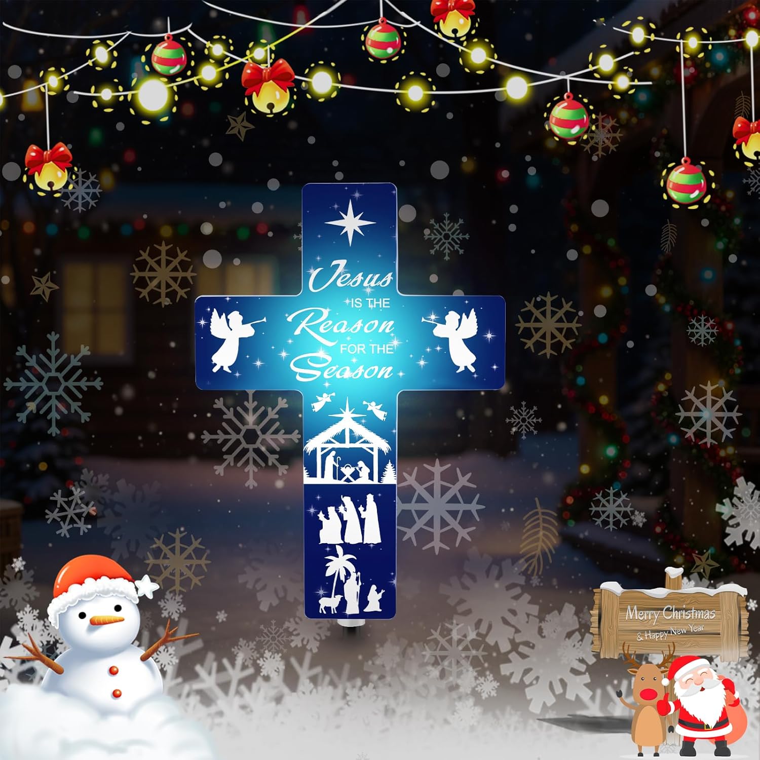 Jesus is The Reason for The Season Solar Stake, Cross Shaped Nativity Scene Outdoor Decor Holy Night Lighted Religious Yard Decoration, LED Solar-Powered Christmas Outside Yard Garden Stake