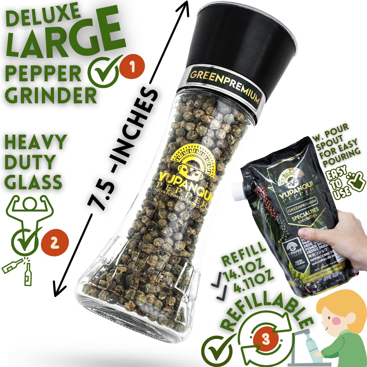 Green Peppercorn Grinder with Green Peppercorns Whole YUPANQUI - Refillable Gourmet Pepper Grinder with Peppercorns Organic Peppercorn - Pepper corns for grinder