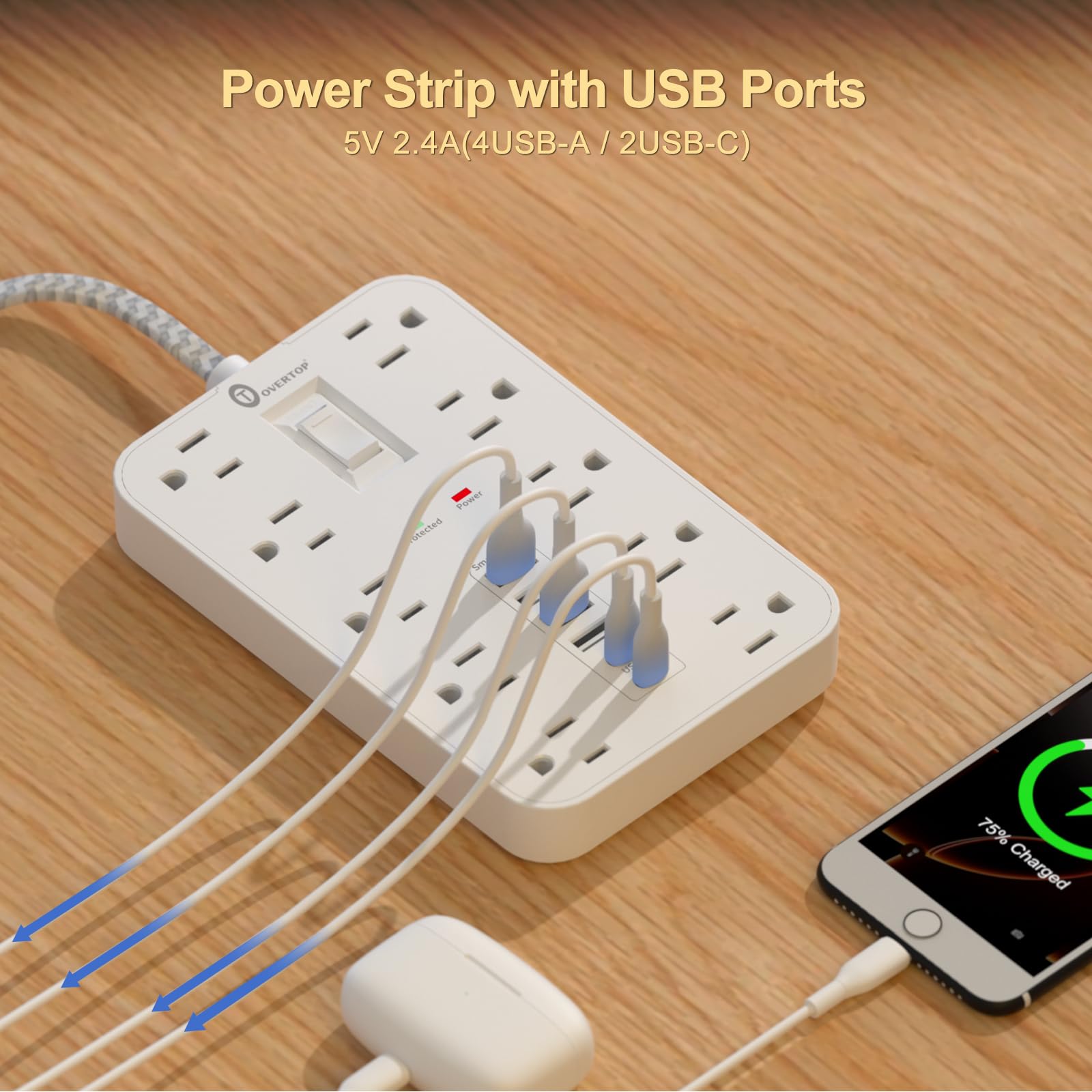 Overtop - Protector de sobretensión, cable de extensión trenzado de 5 pies, enchufe plano, 10 salidas ampliamente espaciadas con 6 puertos USB (2 USB C), estación de carga de computadora