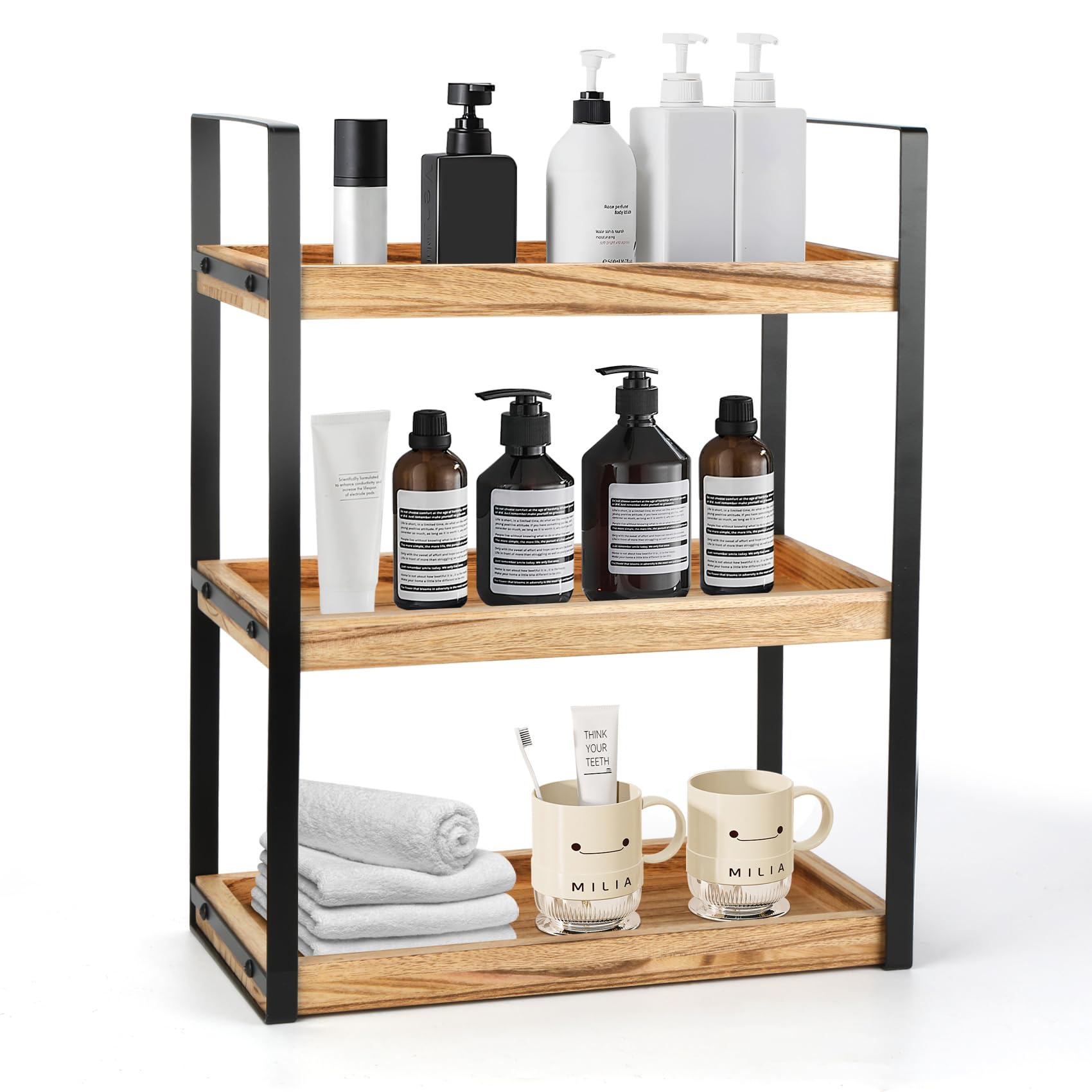 3 Ebenen Standregal Badezimmer Organizer, Feuchtigkeitsgeschützt Holzregal Badezimmer Braun Regal Holz mit Metallgestell, Multifunktionales Gewürzregal, Schreibtisch-Organizer für Küche