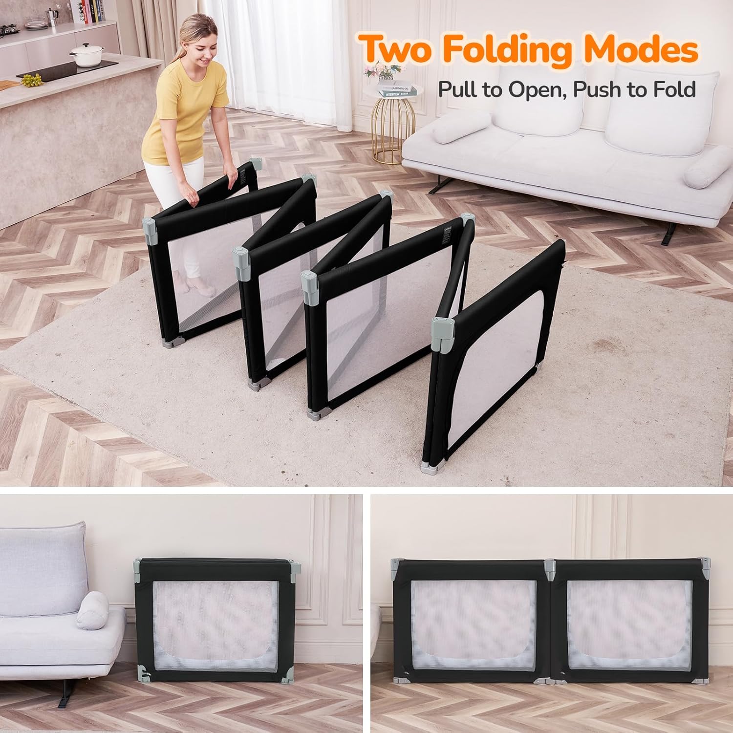 Images demonstrating two folding modes of the Dripex playpen: open for use and folded for compact storage.