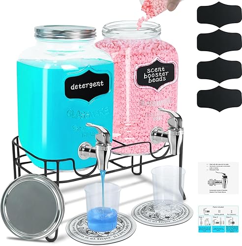 Paquete de 2 dispensadores de detergente para ropa de vidrio de 1.25 galones con grifos, vertido sin esfuerzo, tapa de rosca, soporte, alfombrillas