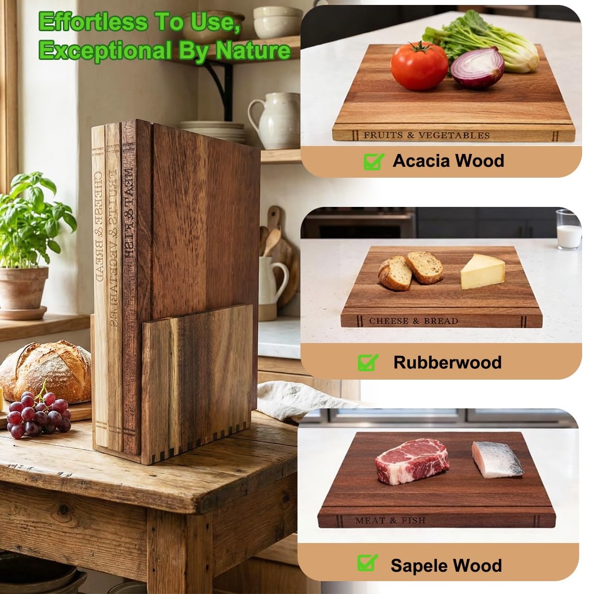 33×25,5×2 cm Holz-Buch-Schneidebrett-Set für Küche, Buch-Stil Schneidebretter mit Ständer, 3-teiliges Holz-Schneidebrett-Set für Fleisch, Gemüse, Käse Servieren, Einzugsgeschenk