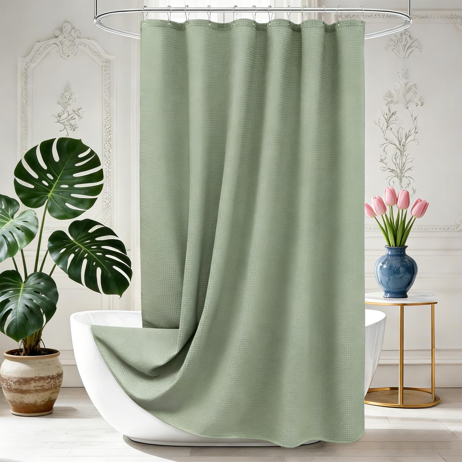 Shower Curtains Set for Bathroom with 12 Hooks, Mould Proof Washable Polyester Bath Curtain for Bathroom Wet Room, 183x183cm (72x72 Inch), Hotel Style Waffle Weave Shower Curtain