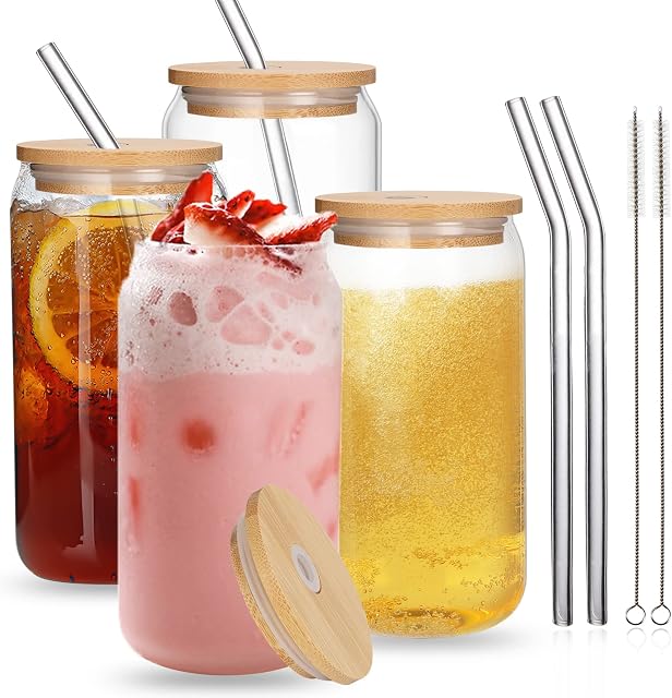 UHAPEER 4 Pack Can Glasses with Bamboo Lids and Glass Straws. 550 ml/19 oz Can Shaped Beer Glasses, Iced Coffee Glasses Cups, Clear Drinking Glass Cups for Cocktail, Beer, Coke, Soda, Water, Wine