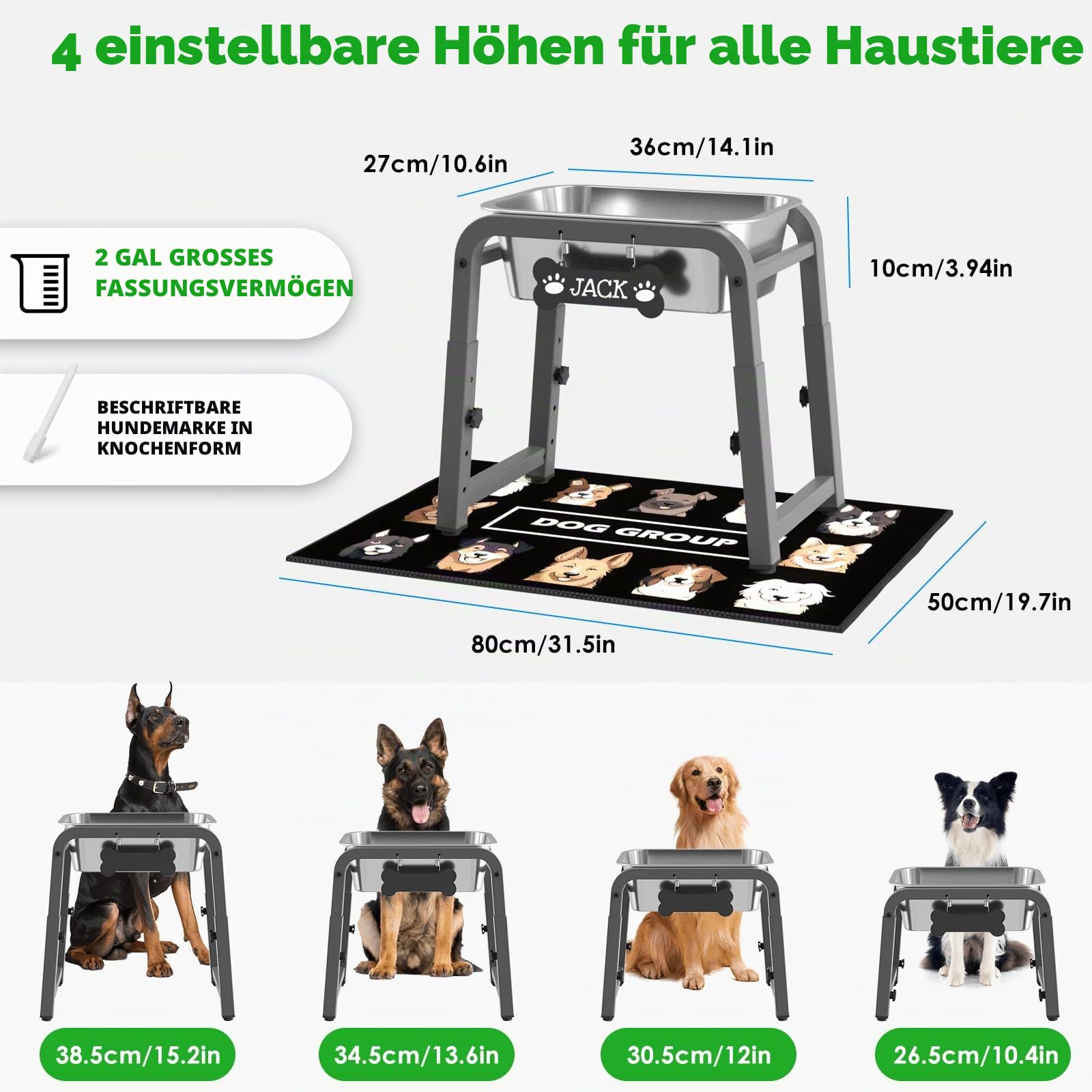 7,6-Liter erhöhter Hundenapf, ADENGL höhenverstellbar (26 - 39 cm), erhöhter Edelstahlnapf mit auslaufsicherer Matte und stabilem Metallständer, kippsicher, leicht zu reinigen, für den Innen- und
