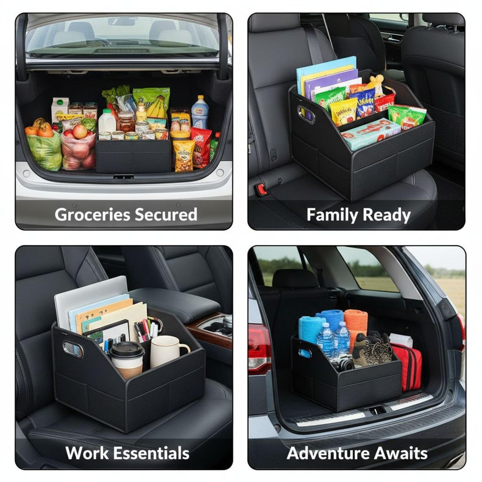 Organizer per auto, in pelle PU nera con design diviso, maniglie in metallo, 29 x 32 x 23,1 cm, organizer per auto lavabile per sedile passeggero, bagagliaio, cabina del veicolo