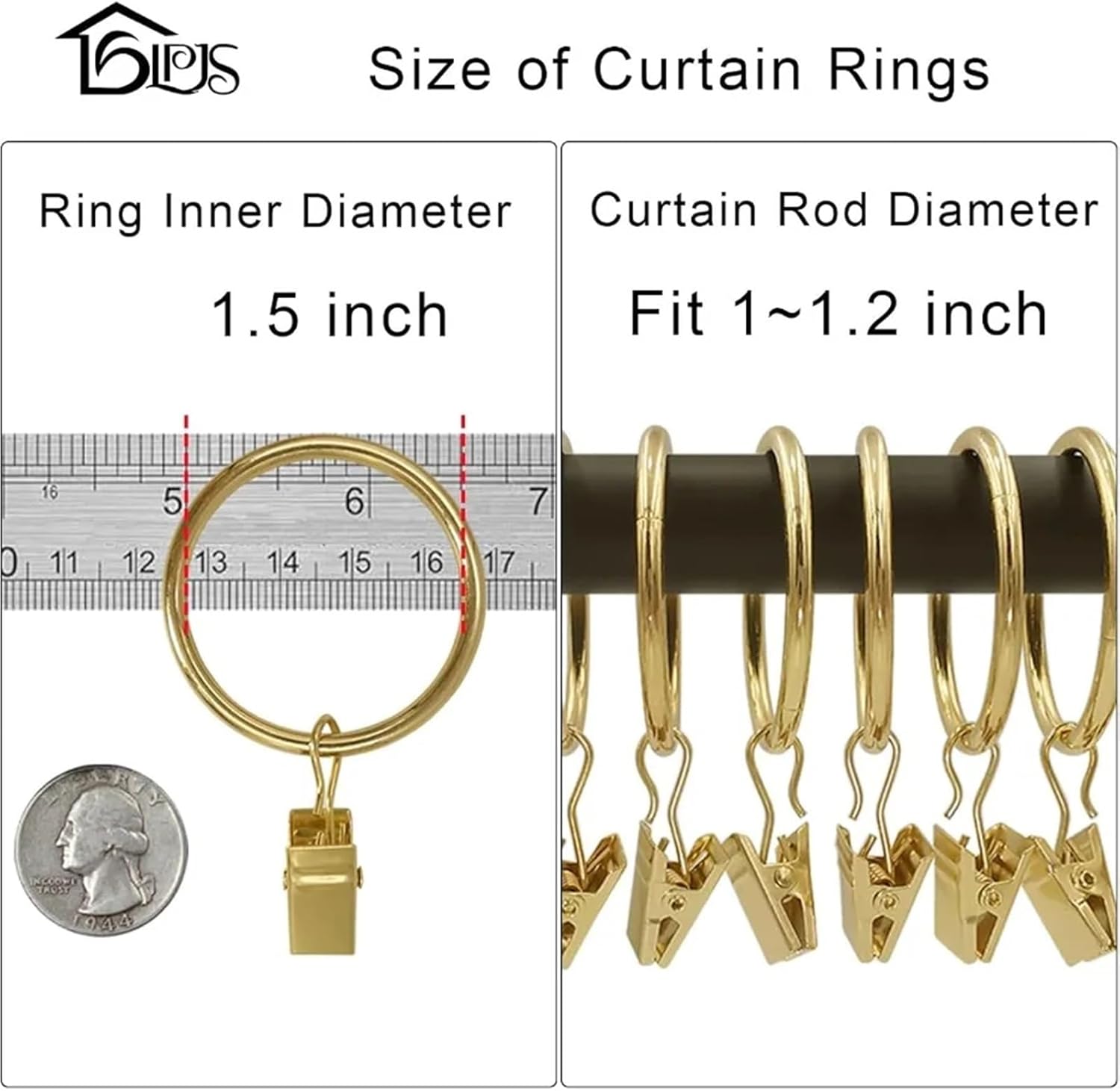 Versatile 40 Pack Metal Curtain Rings with Clips for Hanging Drapery Drapes Bows 1.5 Inch Interior Diameter Curtain Rod Rings Hooks in Go