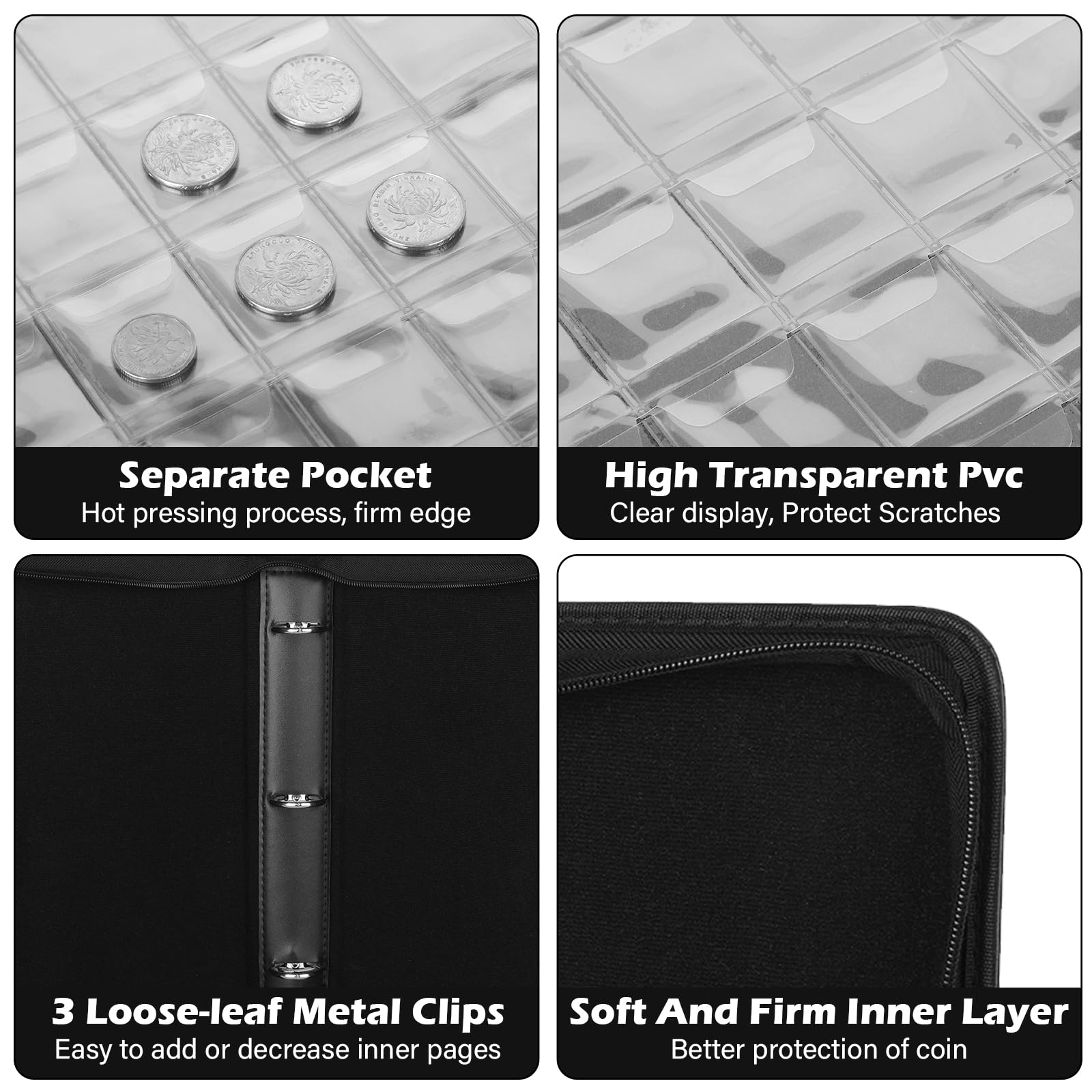 KOMABLEN 480 Tasche Raccoglitore Monete, 16 Pagine 35x35mm Porta Monete da Collezione, Raccoglitore da Collezione con Cerniera, Album Portamonete per Euro, Sterlina, Pence
