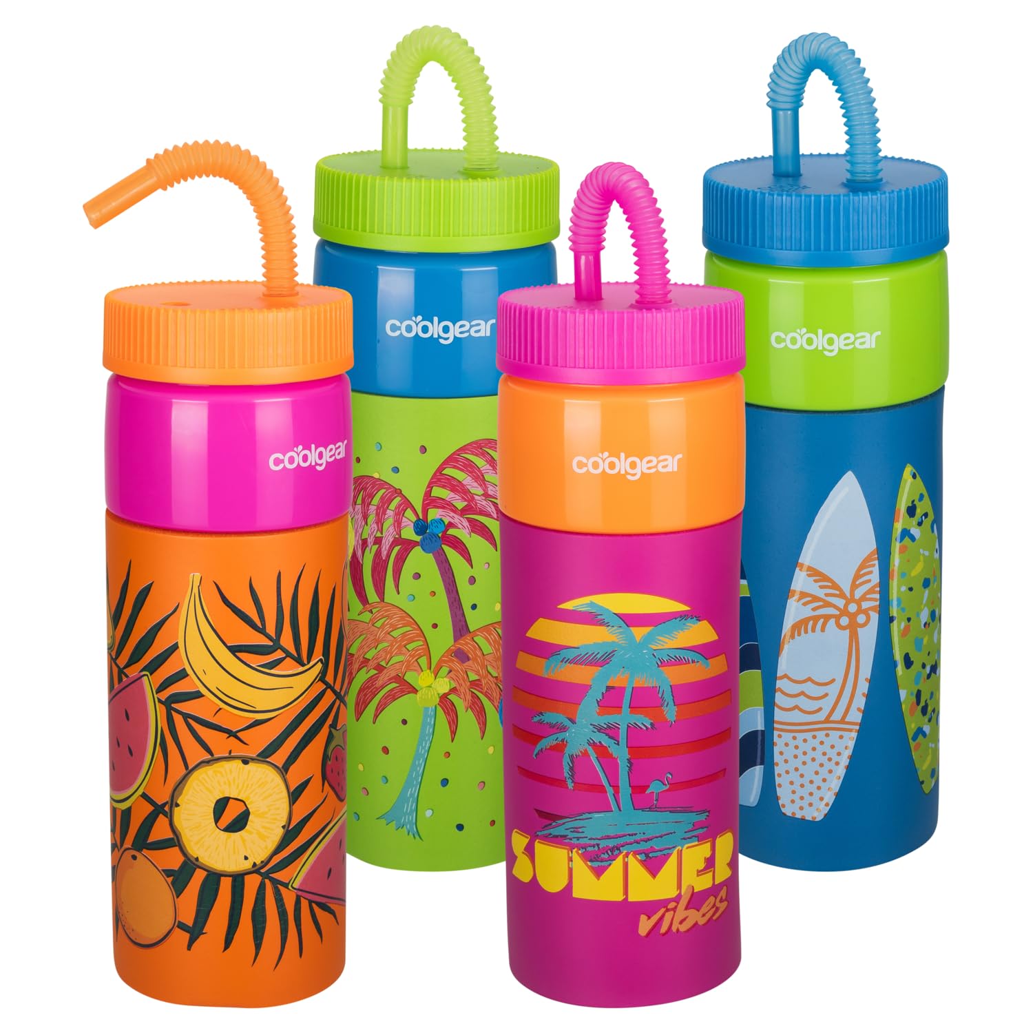 COOL GEAR GO GRIP 24oz Plastic Retro Squishy Water Bottle | Cute Printed Design, Foam Grip, Resealable Bendy Straw | Dishwasher Safe (Green Printed