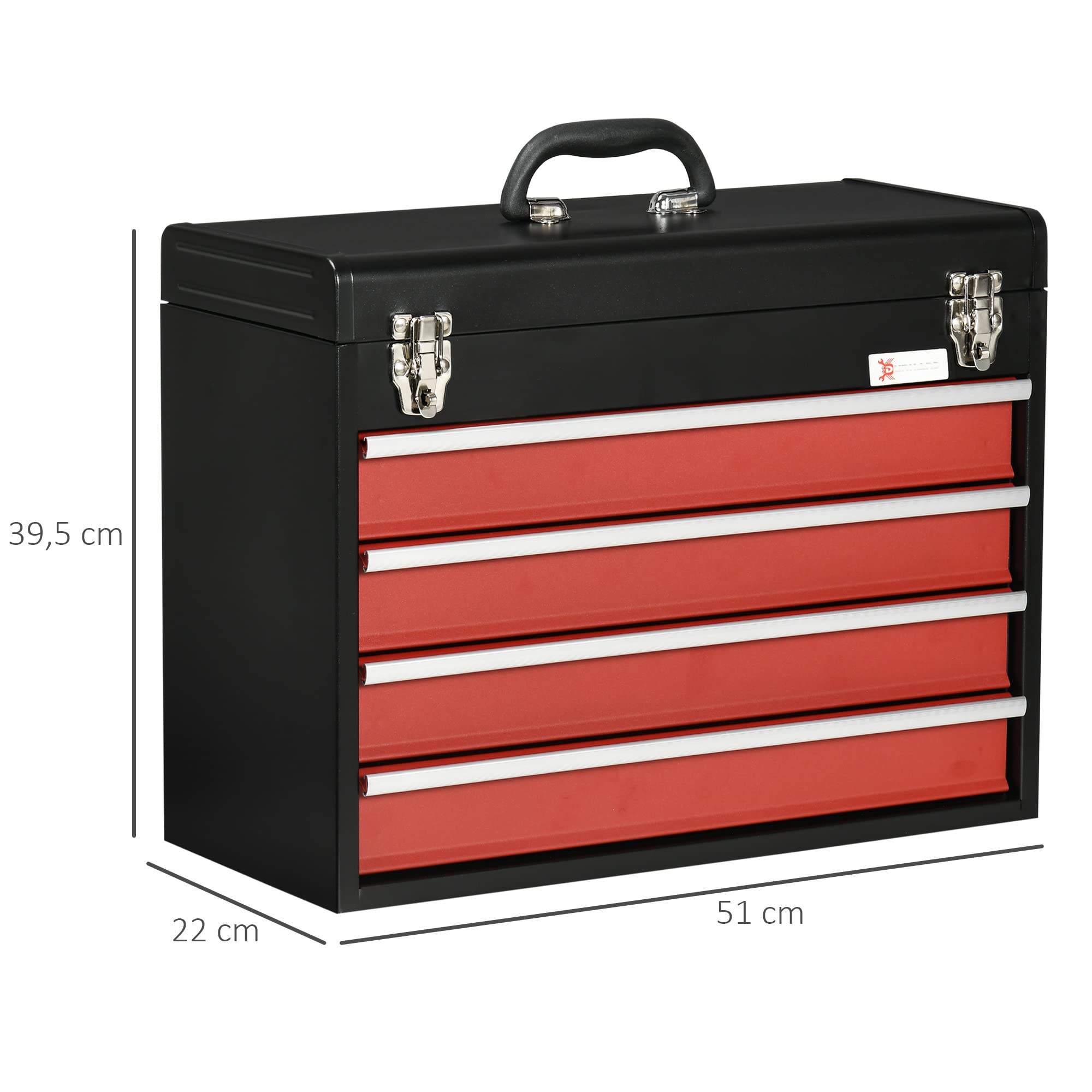 DURHAND Caja de Herramientas de Acero con 4 Cajones Tapa Abatible Bandeja Superior Cierres Metálicos y Asa Maletín de Herramientas Portátil para Taller Bricolaje Hogar 51x22x39,5 cm Negro y Rojo