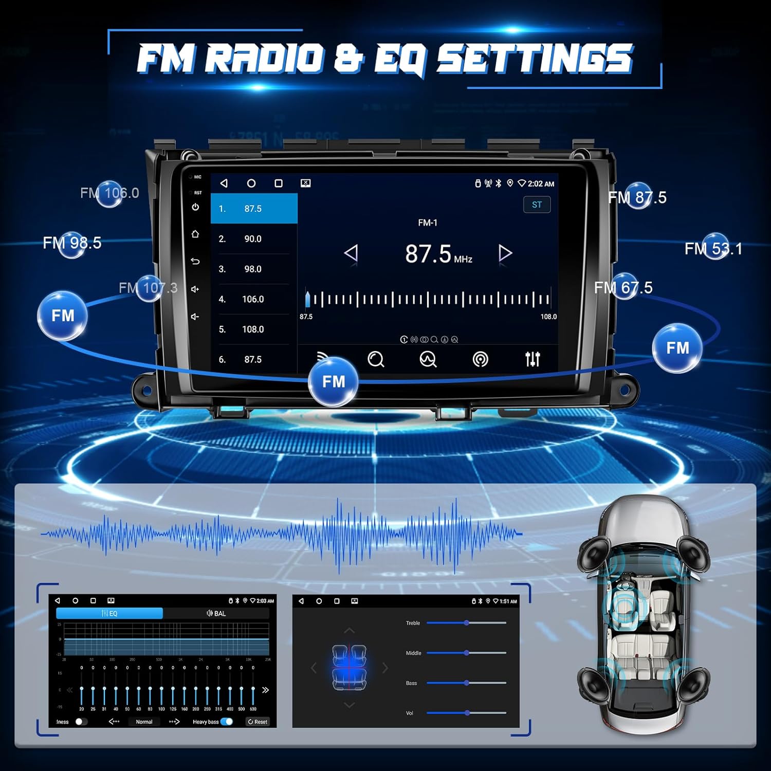 Screenshots of FM radio interface and audio equalizer settings
