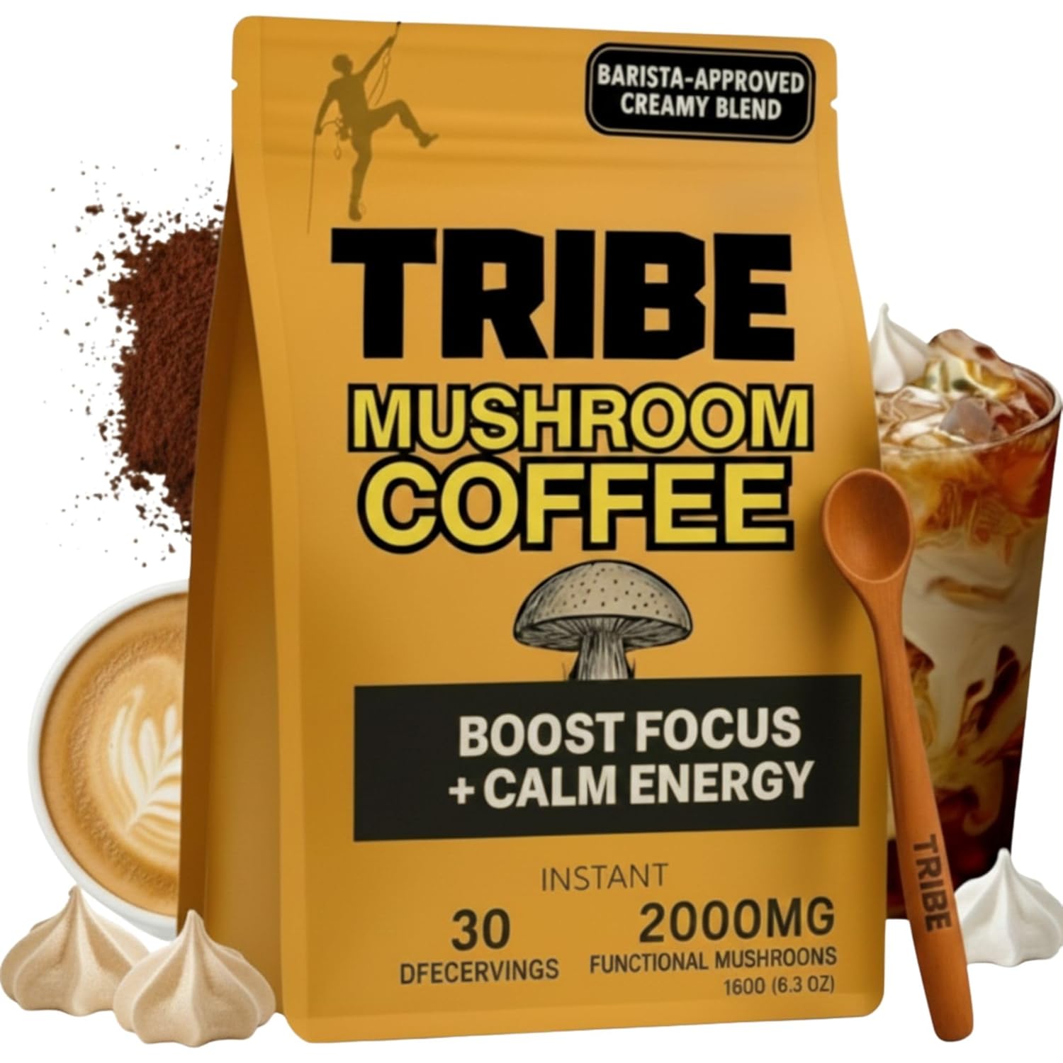 TRIBE Mushroom Coffee with MCT Oil - Creamy Instant Barista Blend for Energy, Focus & Immune Support, 6 Adaptogenic Superfoods - Lion’s Mane, Reishi, Turkey Tail - 2000mg - 30 Servings, Spoon Included
