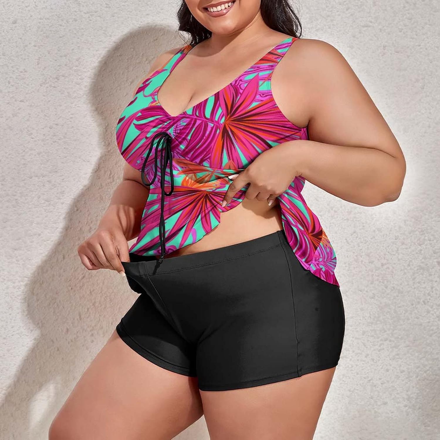 Plus Size Tankini Swimsuit for Women's Summer Colorful Palm Leaves Tankini Bathing Suit Tummy Control Swim Dress Two Piece Hawaiian Summer Tropical Island Vegetation Leaves Swimsuits with Boyshort