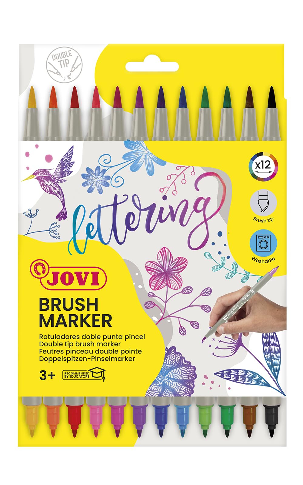 Jovi - BRUSH MARKER - Rotuladores Lettering con DOBLE punta, punta fina y punta pincel, estuche con 12 marcadores de colores (1312DP)
