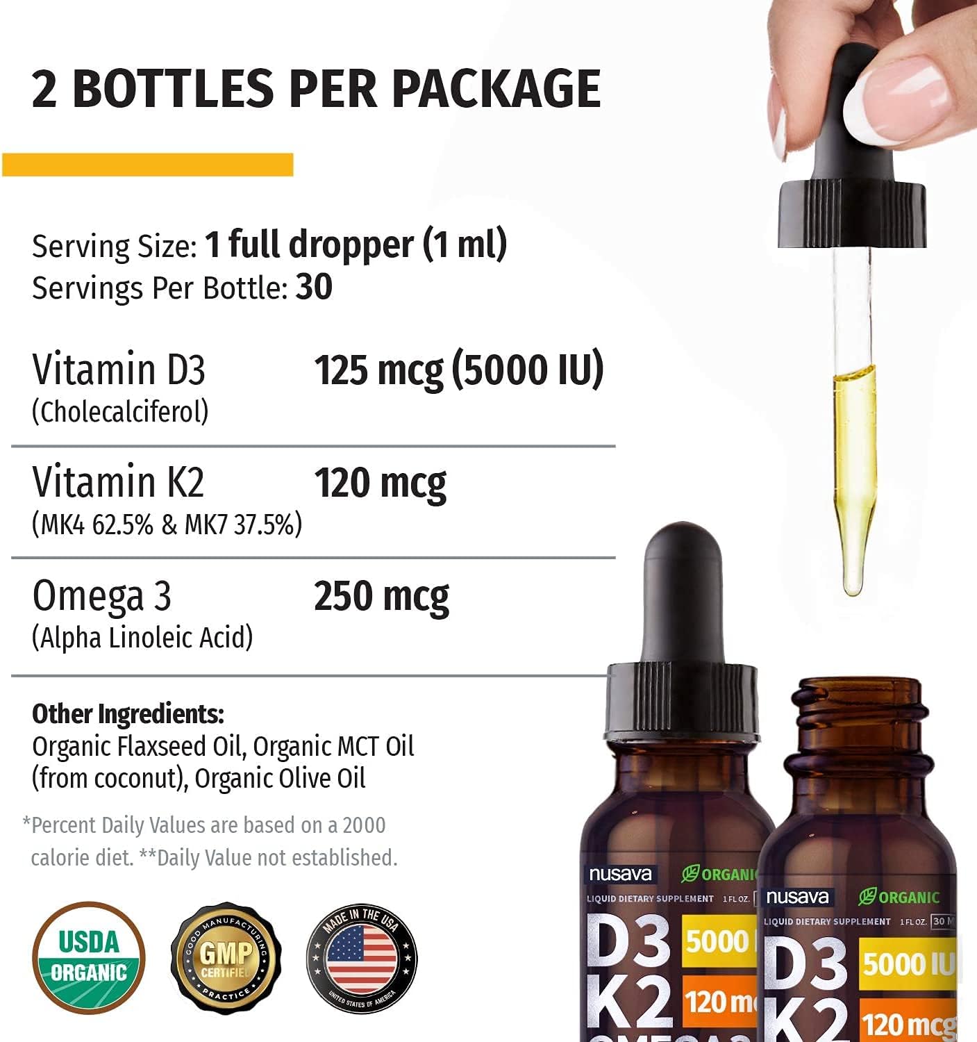 (2 Pack) Organic Vitamin D3 K2 Drops w MCT Oil Omega 3, 5000 IU, Maximum Strength Vitamin D Liquid 5000 IU, No Fillers, Non-GMO Liquid D3 for Faster Absorption & Immune Support, Unflavored, 2 Fl Oz : Health & Household