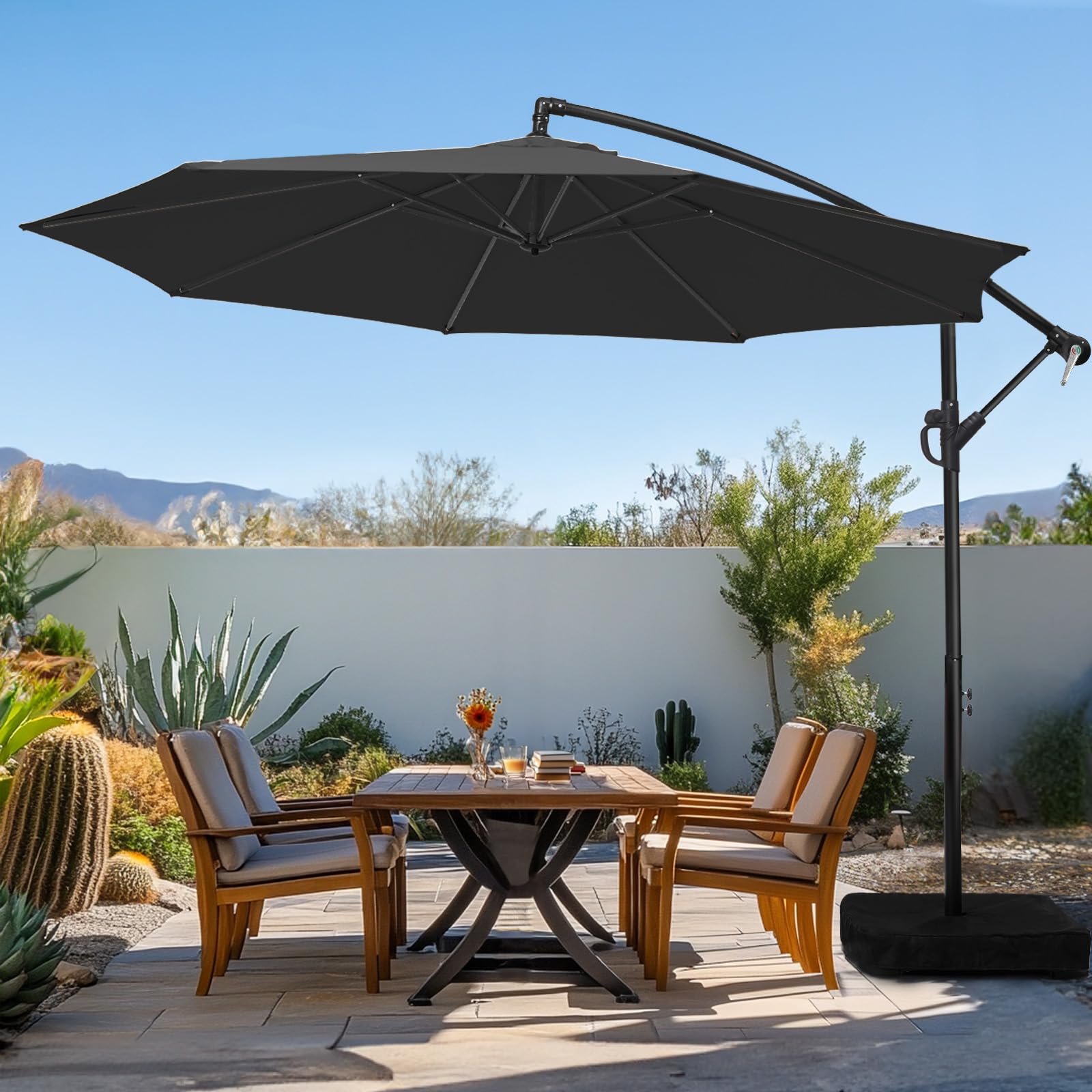 wikiwiki 10ft Patio Umbrella with Base Included, Outdoor Offset Cantilever Umbrella with Sandbag Base for Backyard, Garden and Pool, Easy to Tilt and Crank, Black