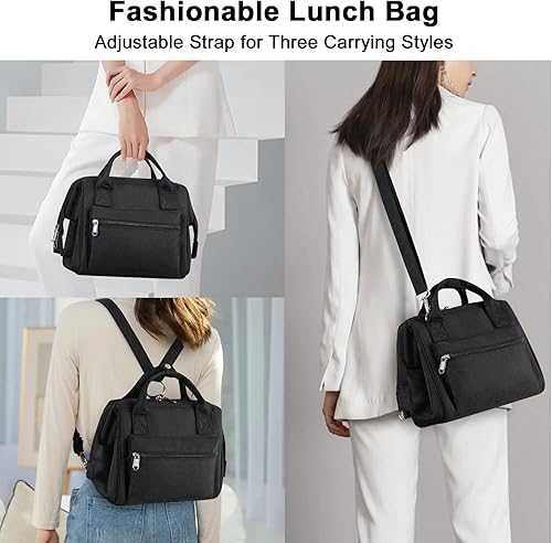 Miniatura 6 de Lonchera negra para mujer con correa para el hombro, pequeña lonchera aislada para adultos, mochila de almuerzo a prueba de fugas para el trabajo,