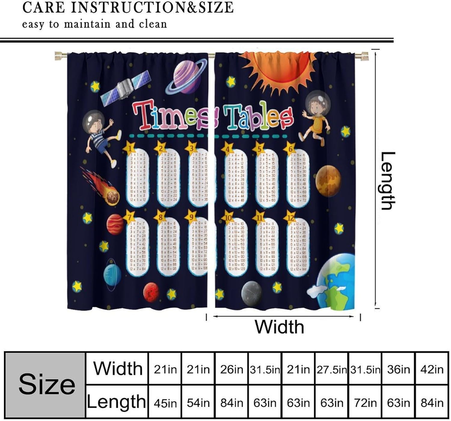 Cartoon Space Curtains, Outer Astronaut Multiplication Table Pattern Blackout Window Treatments, Rod Pocket Thermal Insulated Drapes 2 Panels Set for Kids Bedroom Nursery Classroom, 52" W X 84" L