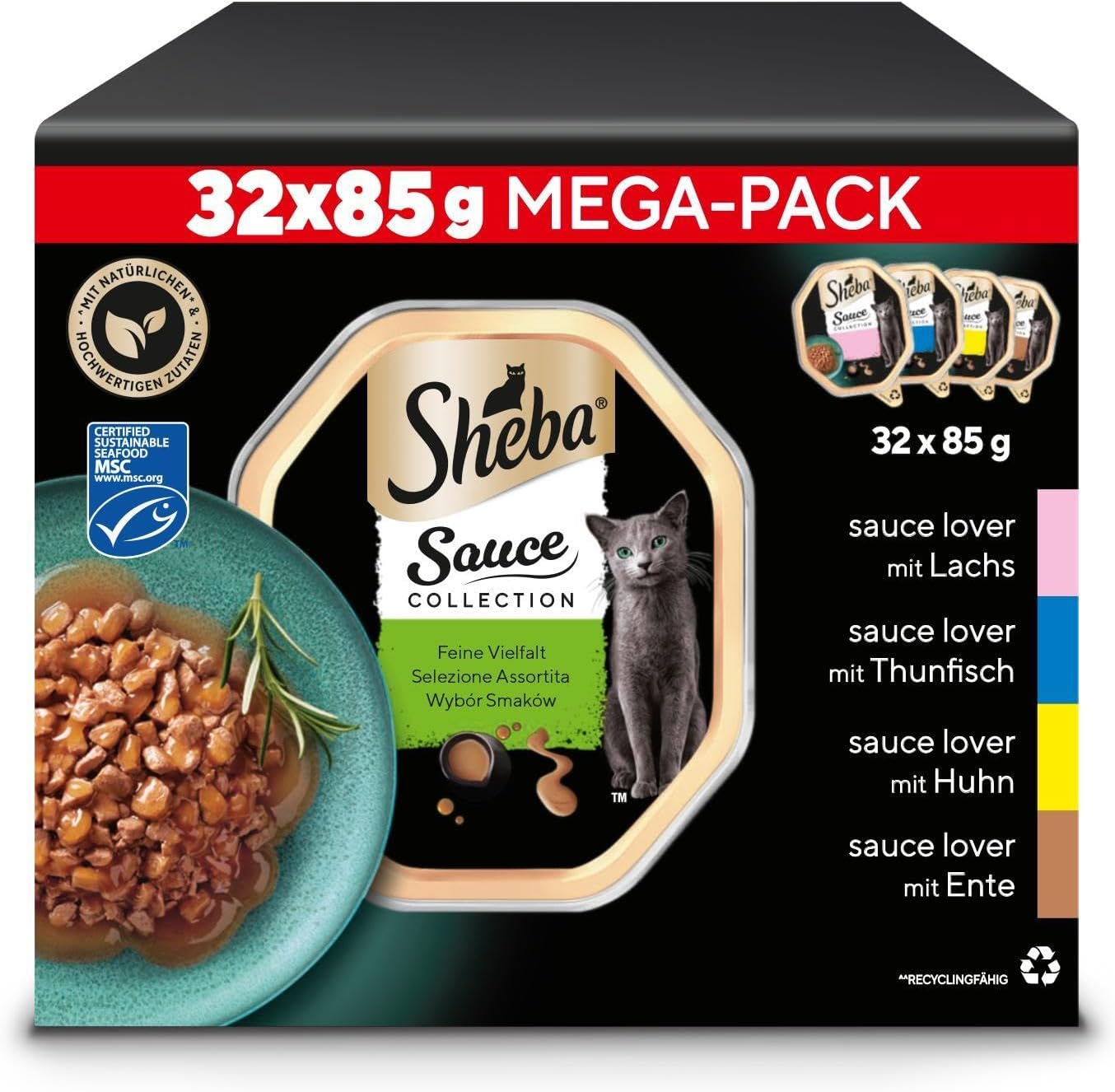 SHEBA Schale Nassfutter Multipack Mega-Pack Sauce Collection Feine Vielfalt MSC-Zertifiziert 32 x 85g