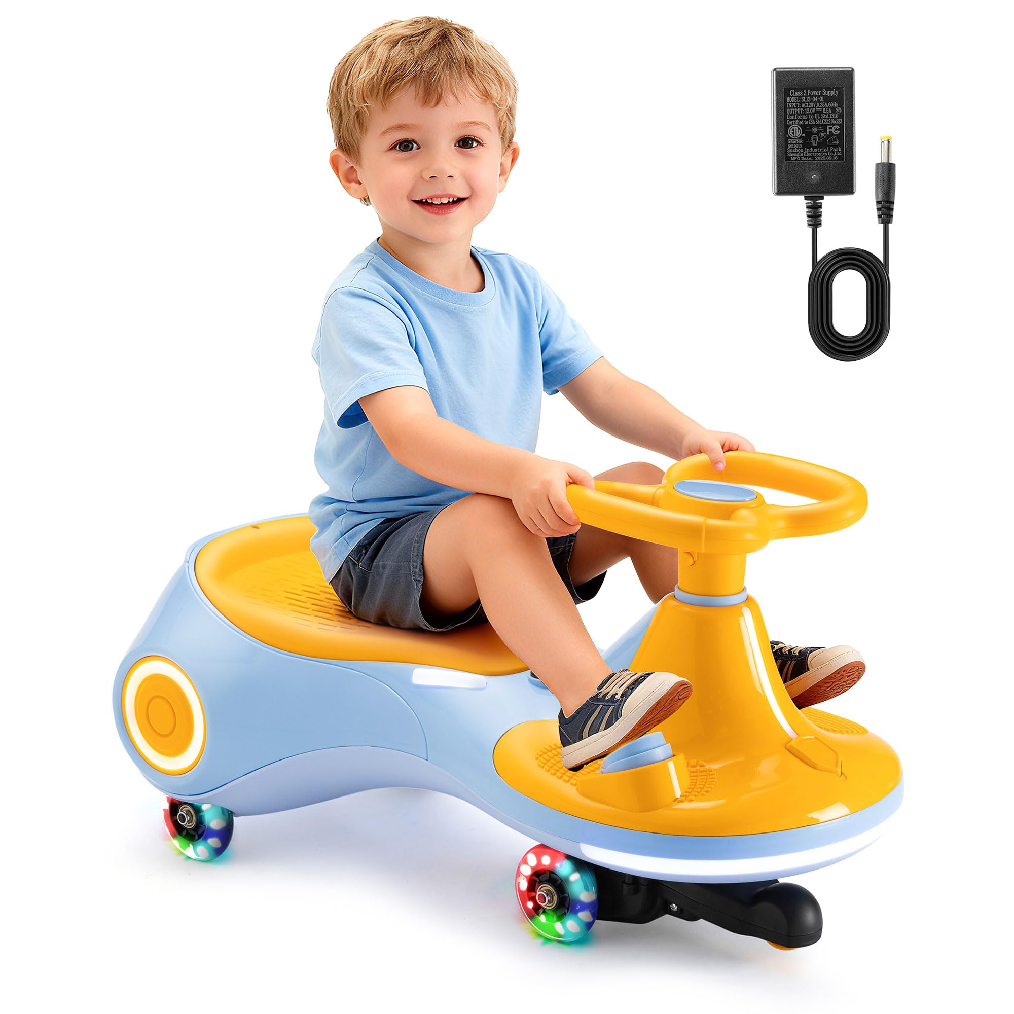 Auto a dondolo elettrica per bambini 12V, giocattolo 3-in-1 con pedale, batteria ricaricabile, 3 modalità, anti-ribaltamento, ruote luminose, musica, età 3-8 anni, 30-70kg, giallo blu