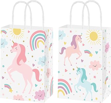 LUCKYQUBE Unicorn Party Favor Bags with Handles, Gift Treat Bags for Unicorn Birthday Party Decorations, Unicorn Rainbow Goodie Bags for Girls Birthday