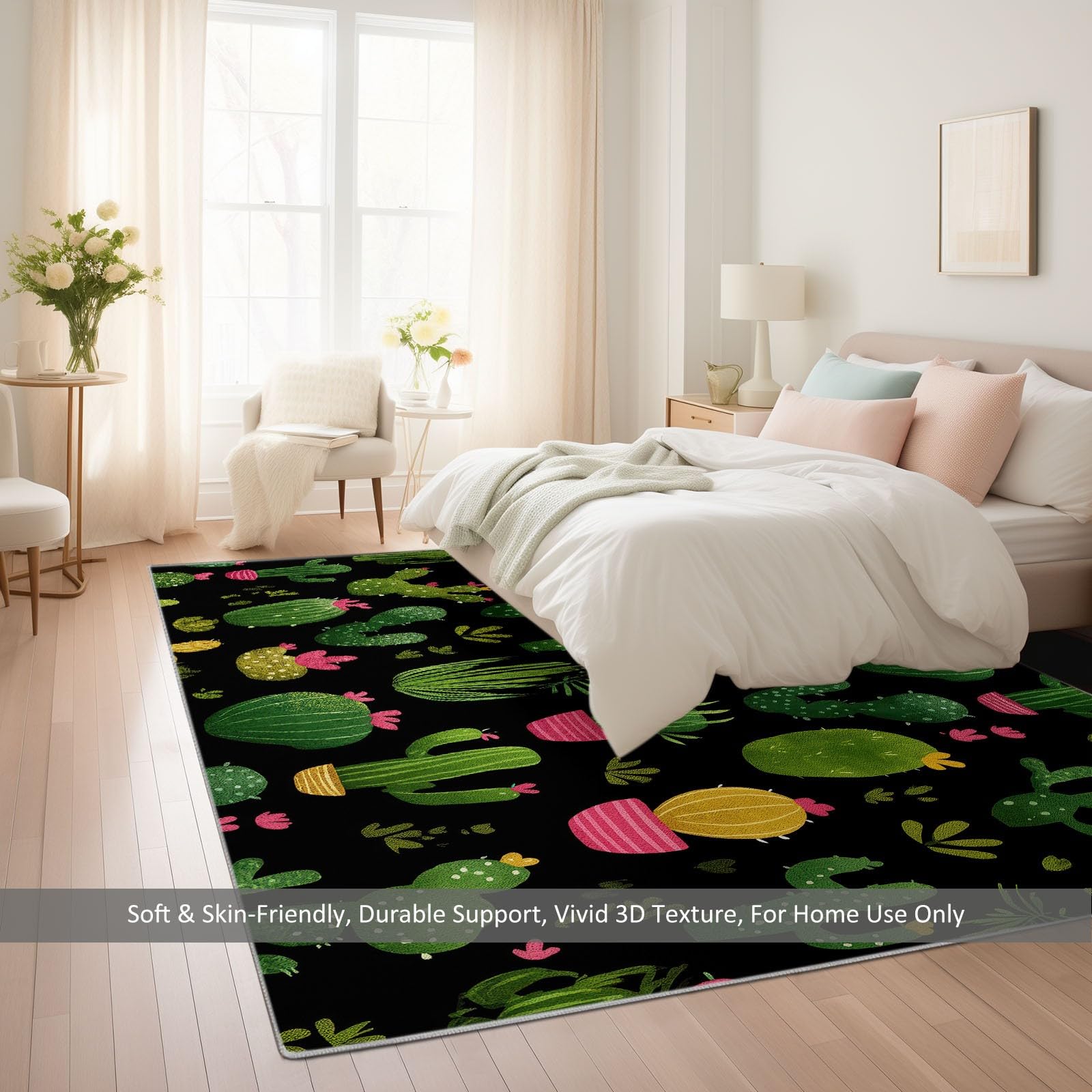 Generisch Minimalny kaktus, pustynny, sukulent, łatwy w pielęgnacji dywan z krótkim włosiem, czarny, 140 x 200 cm, nadaje się do prania w salonie i sypialni, antypoślizgowy spód i przyjazny dla