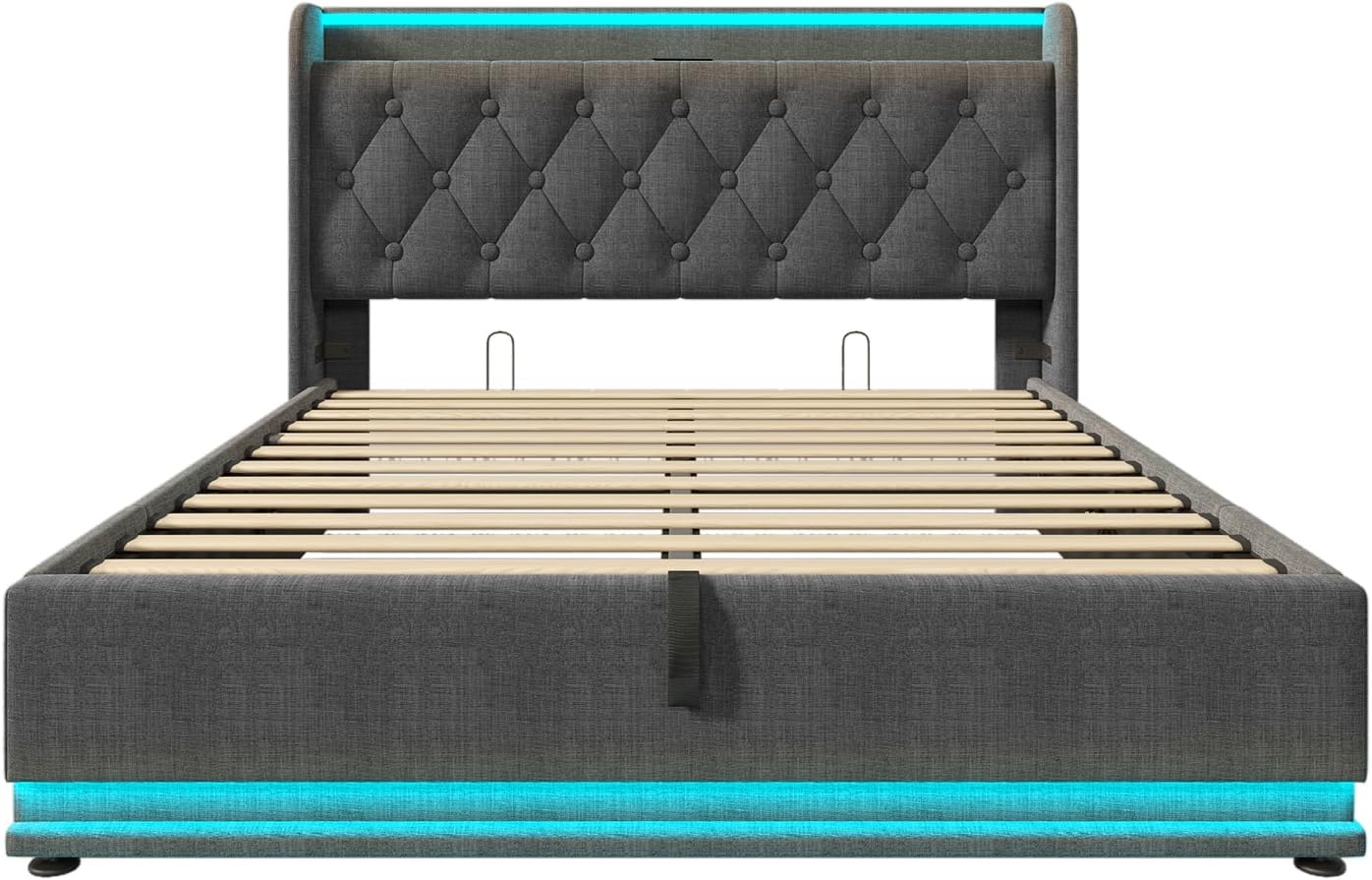 Queen Size Lift up Storage Platform Bed with 360 Degree Surround LED Light, Bedroom Upholstered Hydraulic Smart Bed Frame, No Noise, No Spring Mattress Required, Easy to Assemble (Gray, Queen)
