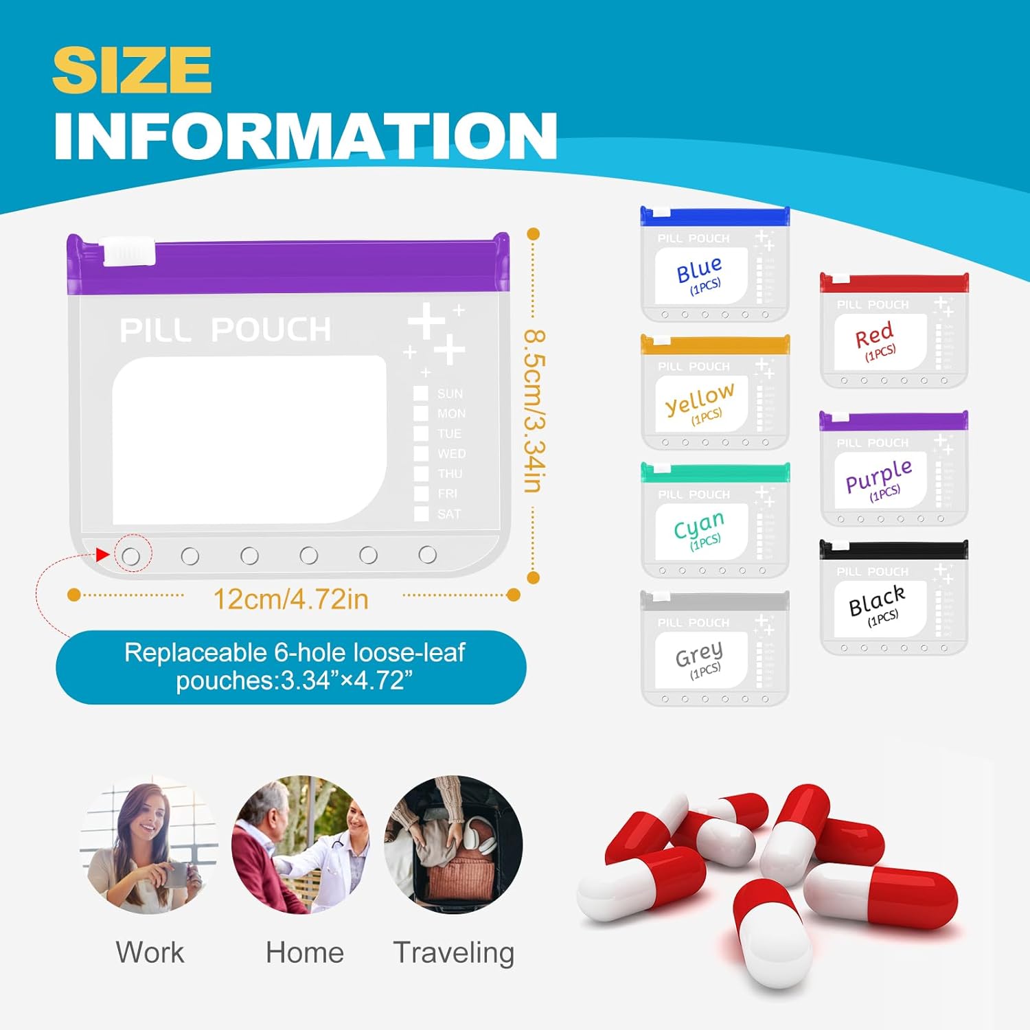 The A7-L Reusable Pill Pouches Set is Designed to fit The A7 Binder. Zippered Pill Organizers Weekly, Travel Pill Container, Reusable Zipper Pouches, Color-Coded Medicine Pouches - Image 2