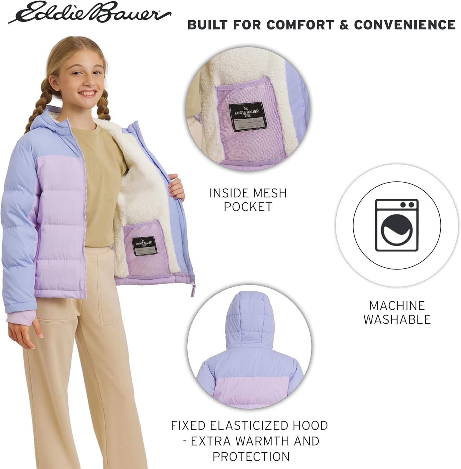 Eddie Bauer Girls' Classic Heavyweight Faux Fur Lined Hooded Insulated Down Jacket, Baby Lavender, Medium - Image 7