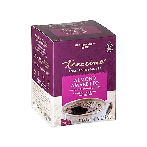 Teeccino Té de hierbas – Amaretto de almendras – Té de hierbas rico y tostado sin cafeína y prebiótico para energía natural, 10 bolsas de té