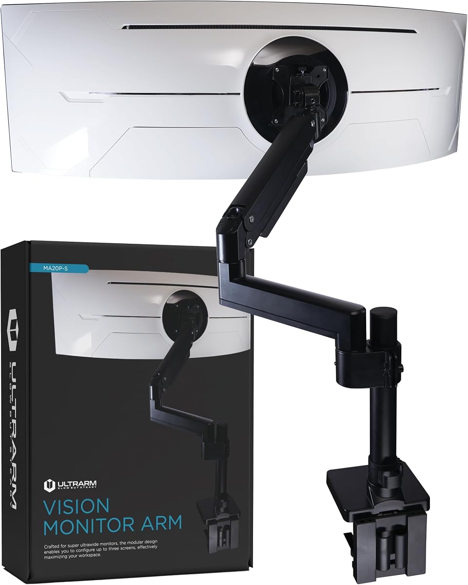 Heavy Duty Monitor Arm for Ultrawide Monitors up to 57" and 44 lbs, Single Desk Stand, Pneumatic Height Adjustable, Modular Extension Arms - Max VESA 100x100, Black, MA20P-S | Max 57", 44 lb, 900R Screens, VESA 100x100, Upgradable, Pneumatic Height Adjustable, C-clamp & Grommet Mount, Black, MA20P-S