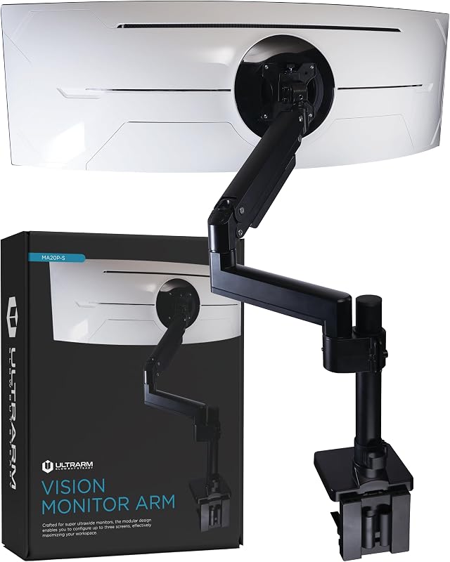 Heavy Duty Monitor Arm for Ultrawide Monitors up to 57" and 44 lbs, Single Desk Stand, Pneumatic Height Adjustable, Modular Extension Arms - Max VESA 100x100, Black, MA20P-S | Max 57", 44 lb, 900R Screens, VESA 100x100, Upgradable, Pneumatic Height Adjustable, C-clamp & Grommet Mount, Black, MA20P-S