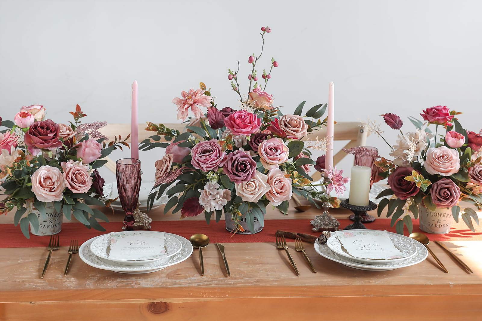 Set Fiori Artificiali Bordeaux E Fard – Rose Finti Con Steli Per Bouquet Fai Da Te, Centrotavola Matrimonio E Decorazioni Casa - 3