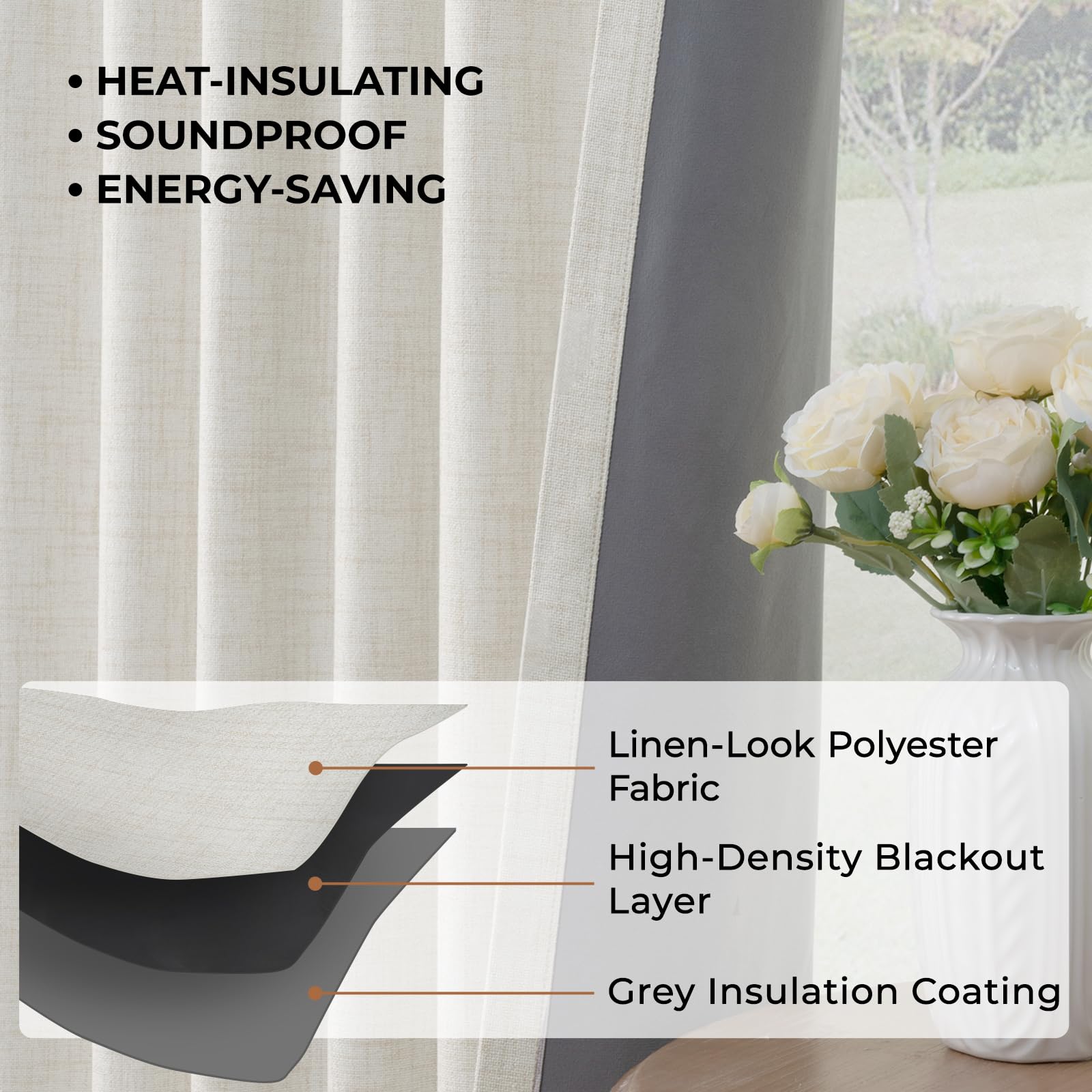 INOVADAY 100% Blackout Curtains for Bedroom 54 Inch Drop 2 Panels Thermal Insulated Curtains for Living Room Back Tab Rod Pocket Beige Curtains with Coating Back Layer,46" W x 54" L - Image 4