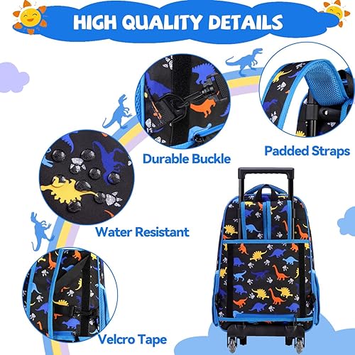 Miniatura 3 de VASCHY Mochila con ruedas para niños, resistente al agua, mochila escolar de mano con ruedas para niños y niñas, Dinosaurios azules, Mochilas Daypack