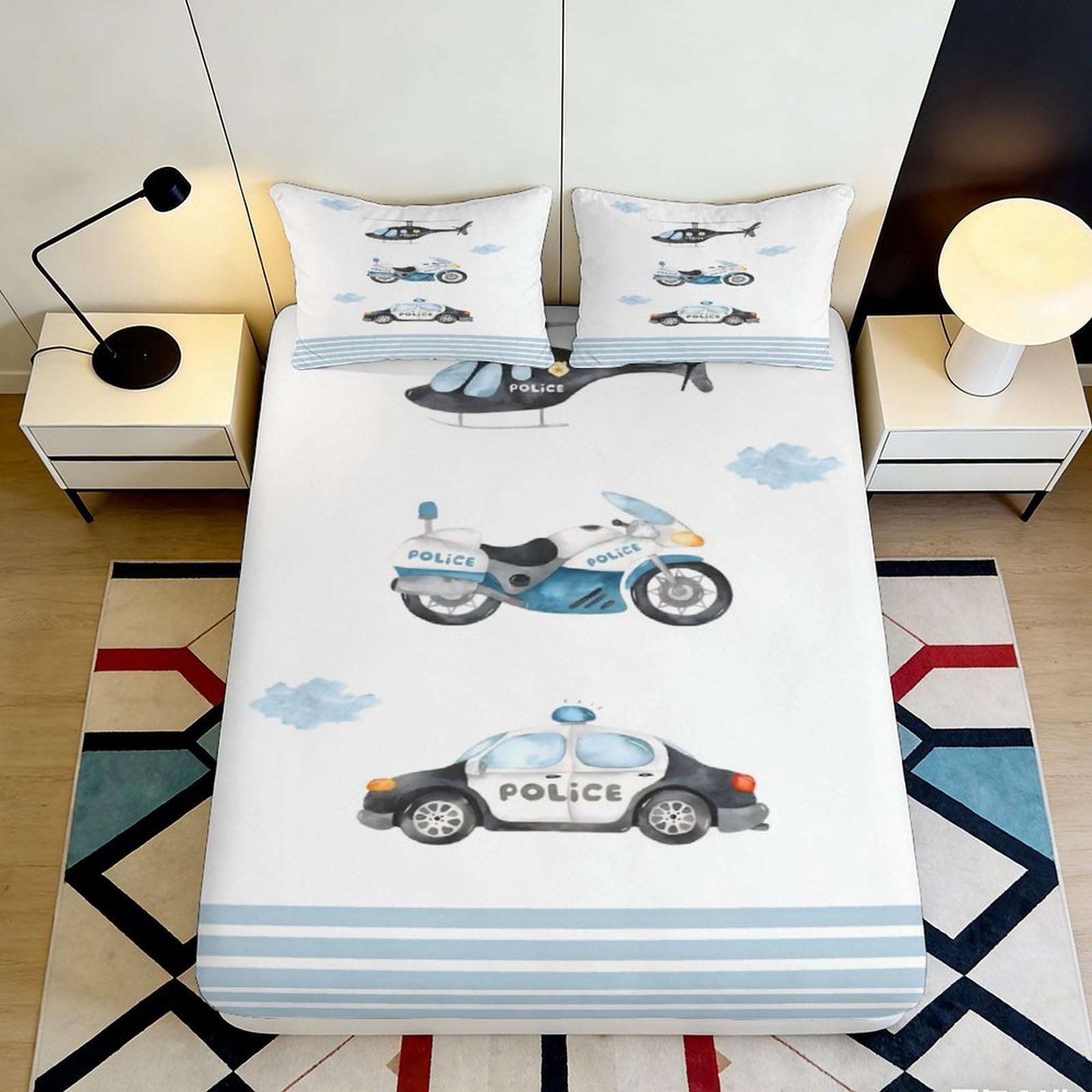 Uynsixtme Style-10 3D Printed Police Car Design Fitted Sheet Microfiber Non-Slip Deep Pocket For Adult Bedroom Helicopter Pattern Mattress Fitted Cover Washable 90X200x25cm