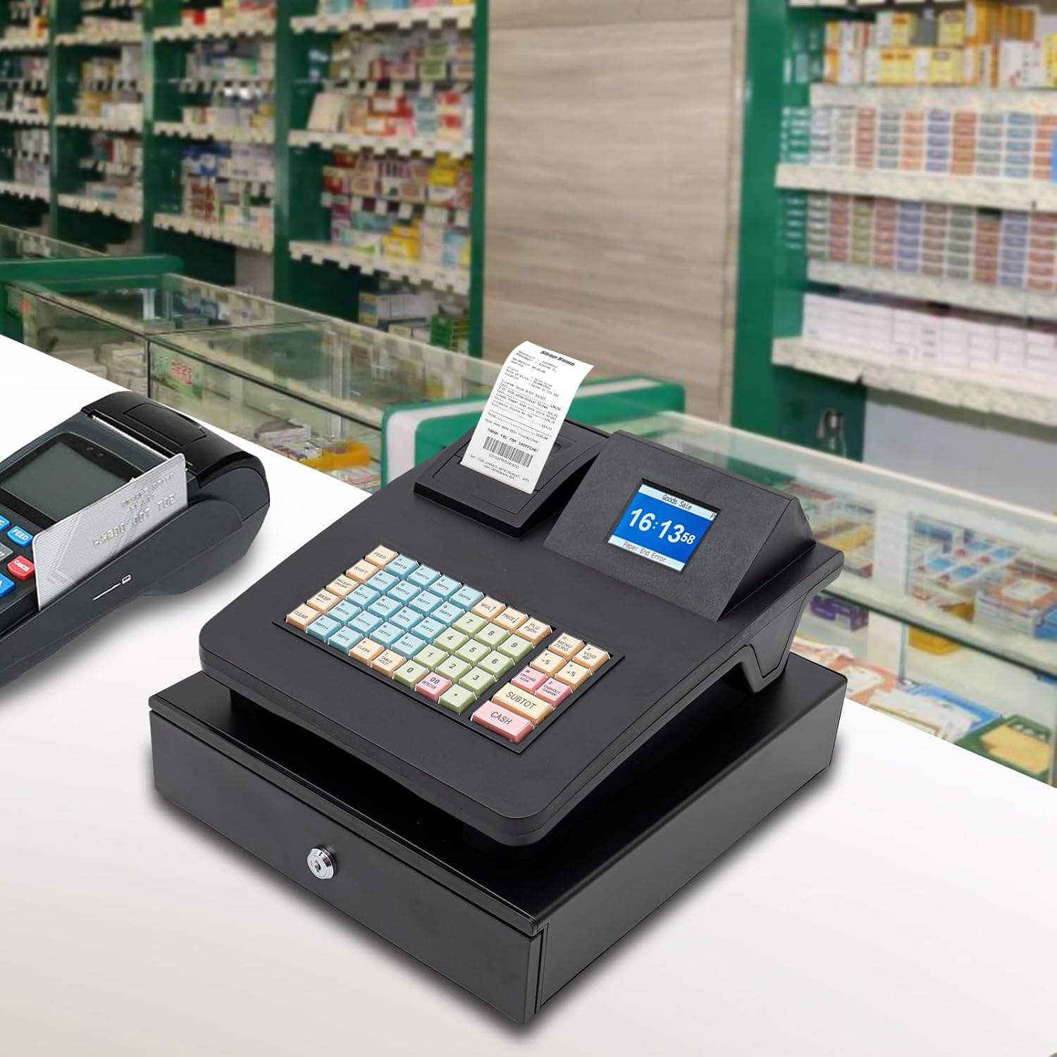 Registratore di Cassa Pos per Piccole Imprese E Ristoranti, Elettronico con Cassetto Contanti, 200 Reparti, 1000 Articoli, 30 Tipi di Pagamento, Compatibile con Scanner, Black