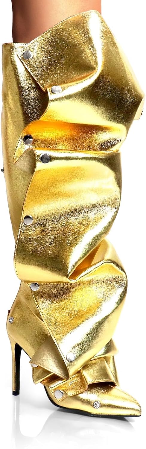 Liliana Women's Pointed Toe Stiletto High Heels Pleated Button Detachable Fold Over Slouchy Fashion Boots (RUNS SMALL)