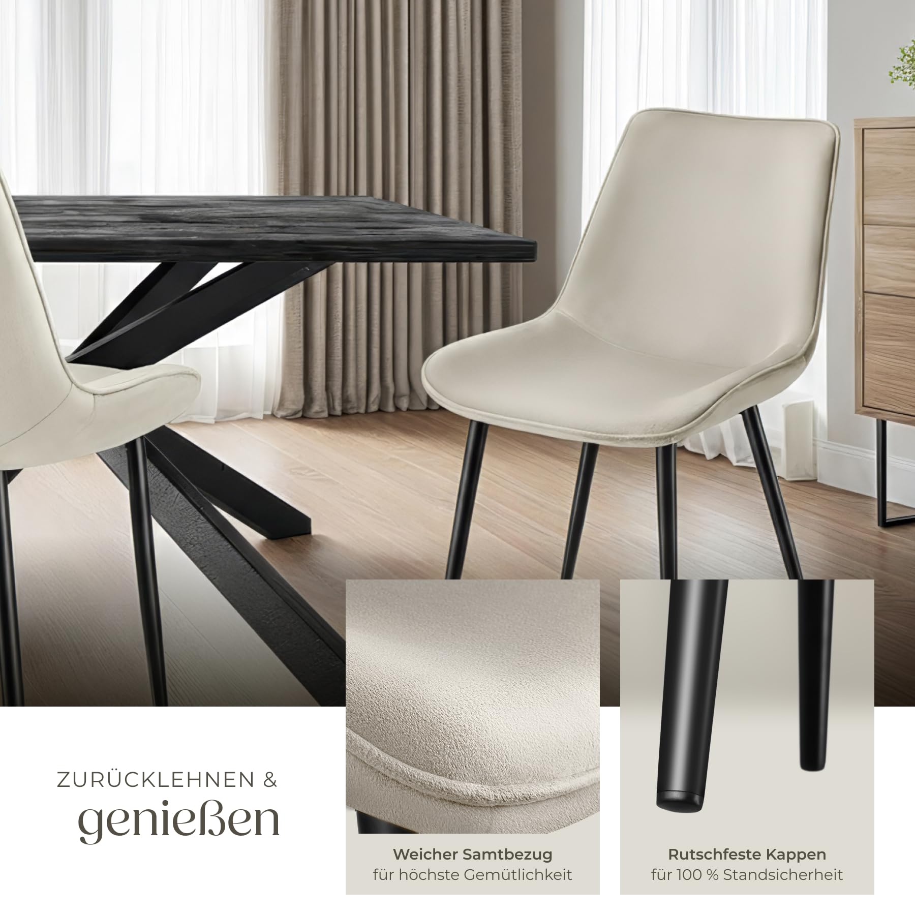 tectake® Esszimmerstühle 4er Set, Samtstoff Stuhl mit Rückenlehne, ergonomische Essstühle, bequemer Küchenstuhl, Esszimmerstuhl, Cocktailsessel für Lounge, Dining, Küchentisch - Creme