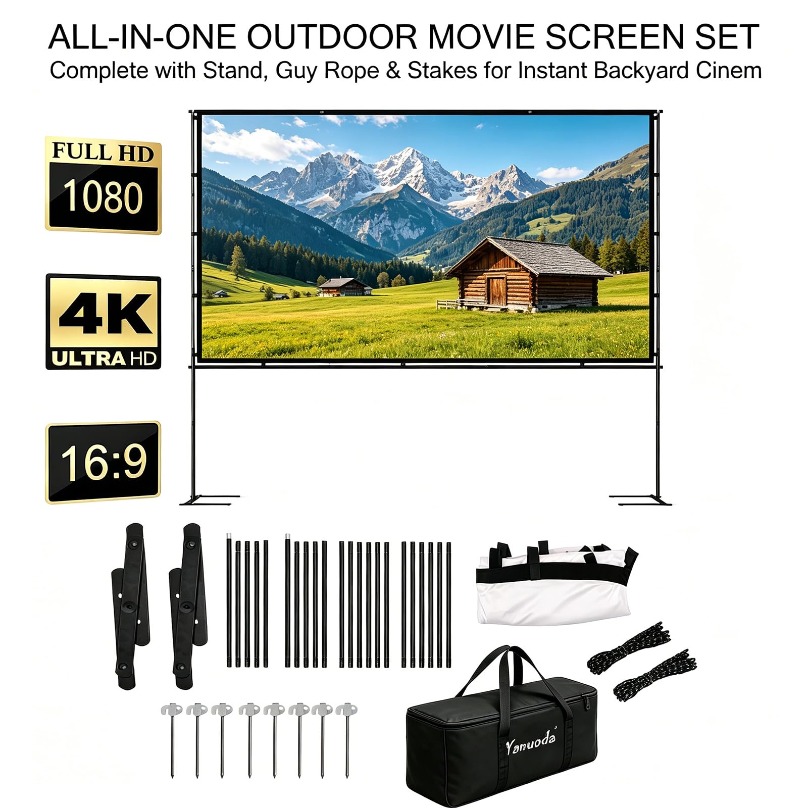 Pantalla de Proyector con Soporte 84 Pulgadas, 4K Ultra HD Sin Arrugas, Formato 16:9 Real, Ángulo Visión 160° - Pantalla Proyección Portátil Interior Exterior para Cine en Casa, Jardín y Camping