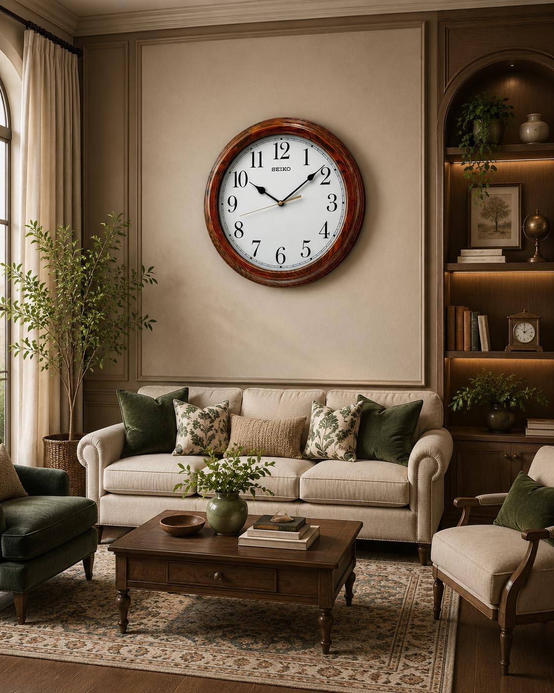 SEIKO Elegent Yuvarlak Kahverengi Ahşap Duvar Saati Ev, Ofis için İngilizce Sayı Tasarımı (Boyut: 33 x 4,4 x 33 cm, 920 Gram) QXA528B